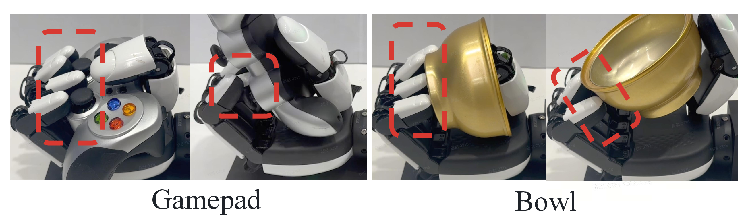 Figure 9: Force-adaptive grasping of irregularly shaped objects that are unseen during training.