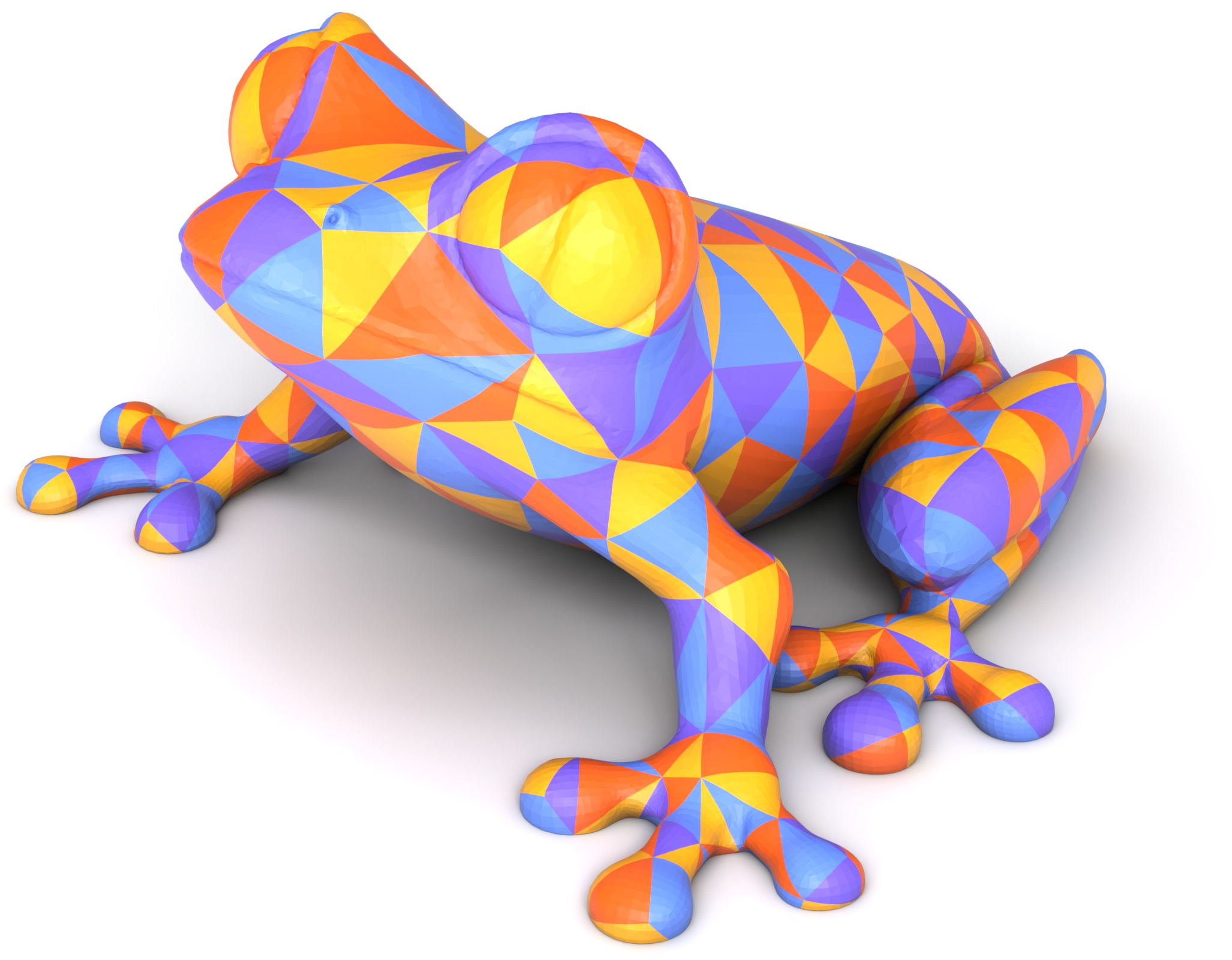 Figure 1: Intrinsic meshing of a surface triangulation from the Thingi10K dataset (ID: 90736), reducing the mesh from 46,000 triangles to 583 intrinsic triangles in under 10 seconds on a standard laptop, using the command: gmsh 90736.stl -geodesic -clmin 3 -minIntrinsicAngle 20 -maxIntrinsicAngle 140.