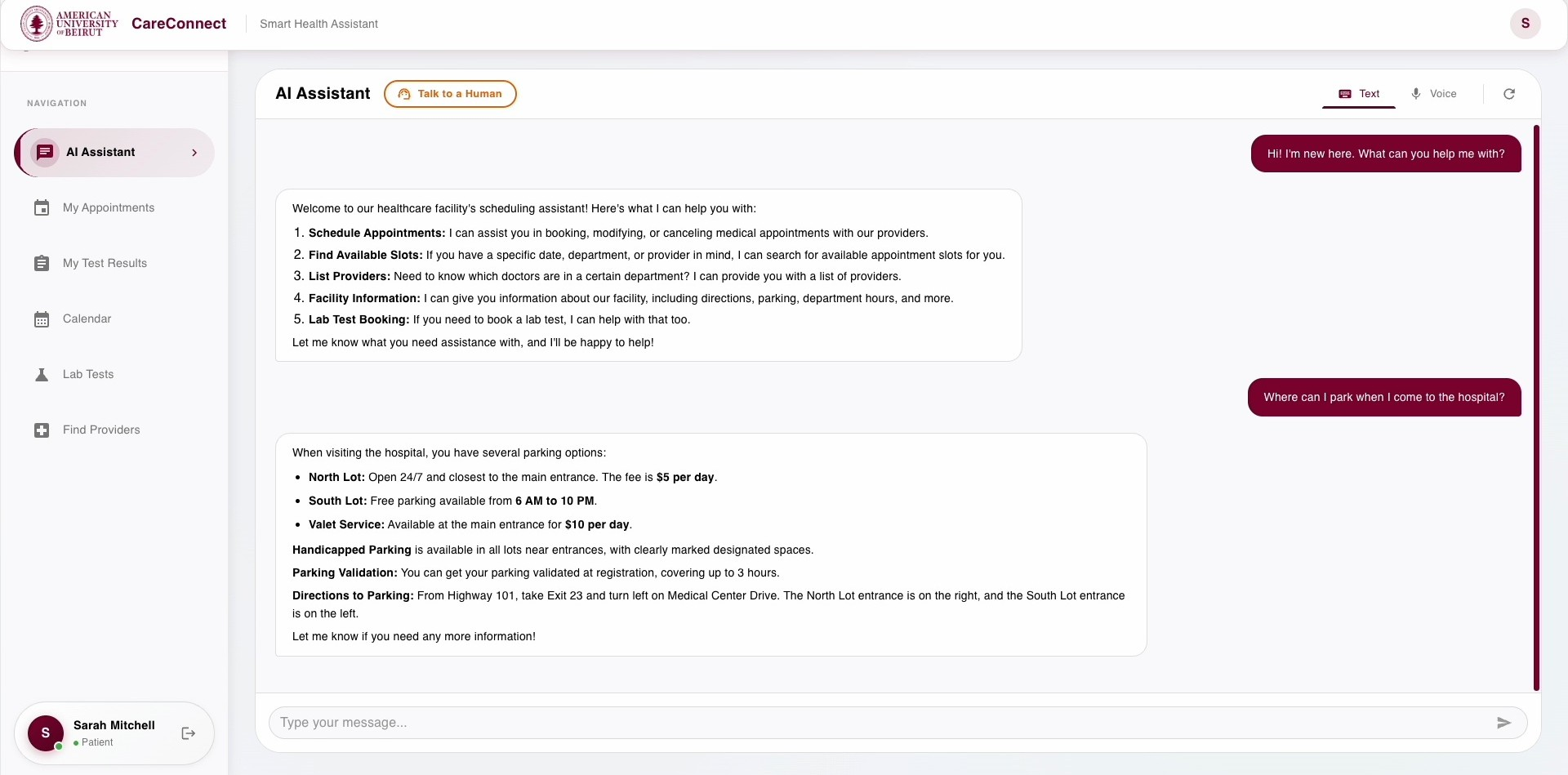 Figure 3: Chat interface showing text-based appointment scheduling through the web portal with conversation history and real-time agent responses.