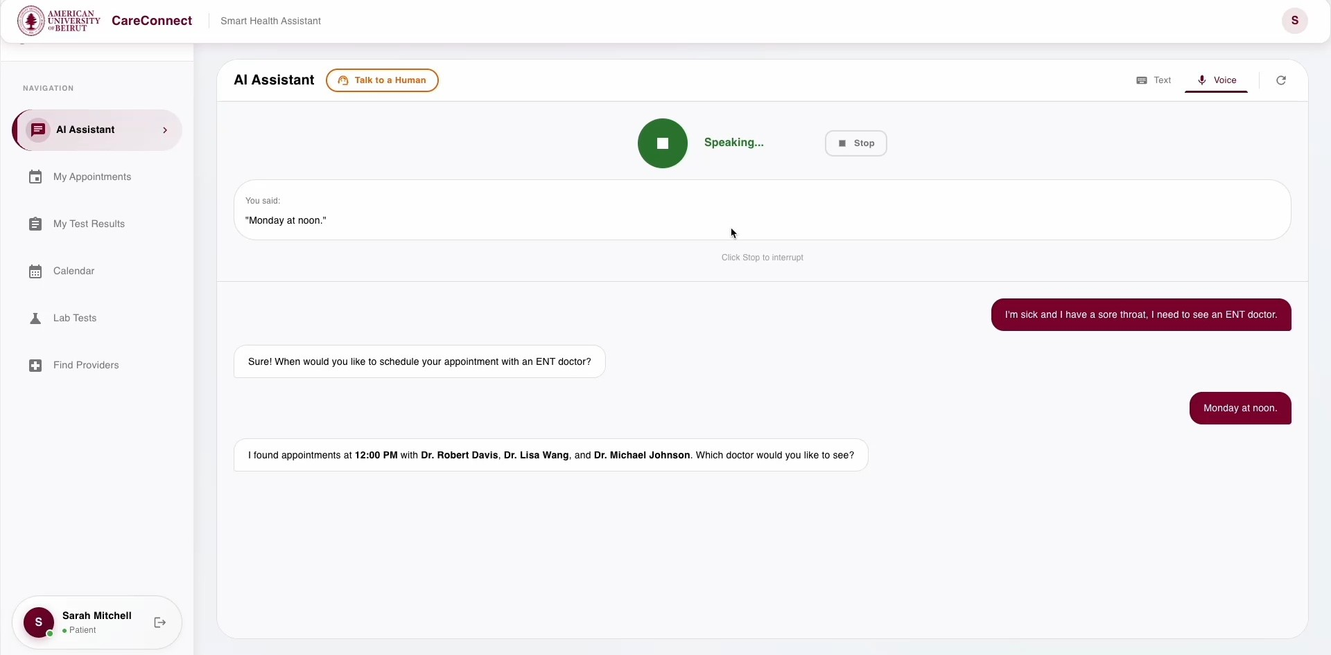Figure 4: Voice interface enabling call-like conversational interactions with speech-to-text and text-to-speech capabilities.
