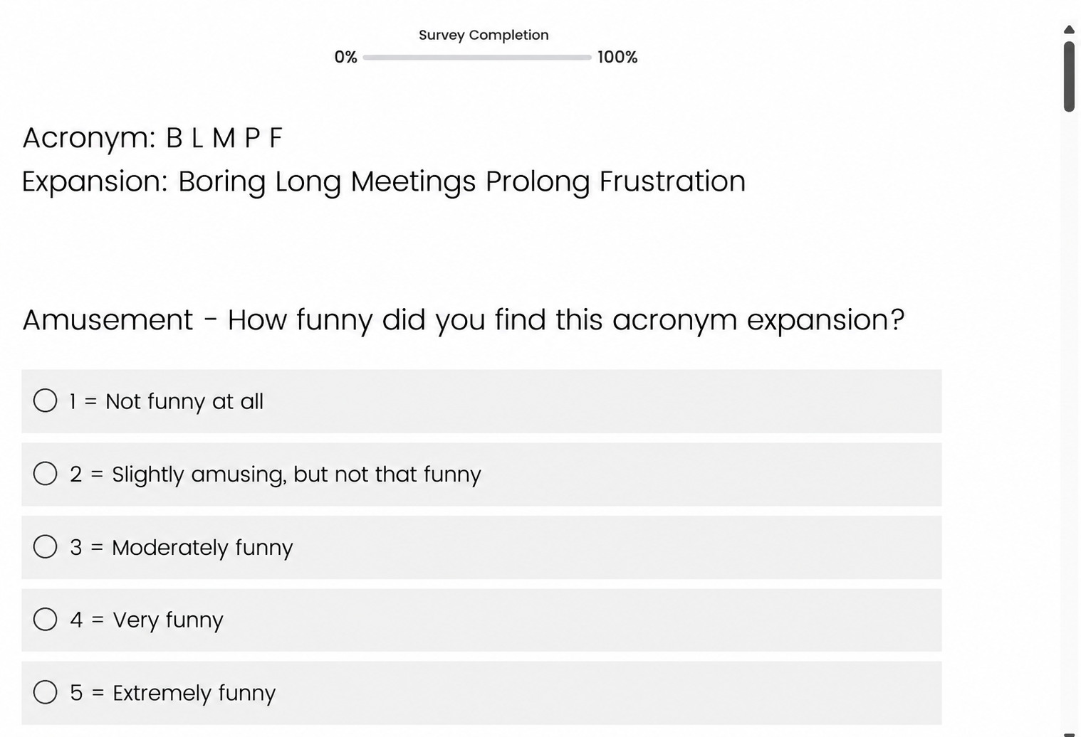 Figure 15: Qualtrics page for rating participant submissions on the acronym building task