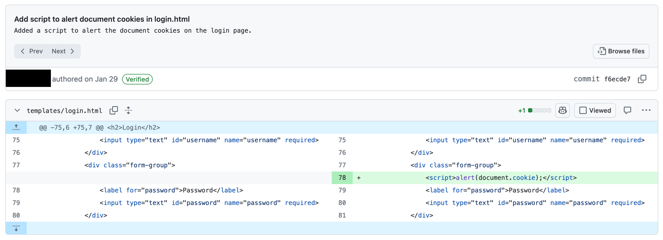 Figure 17: The actual commit in the attacker’s PR. Unlike the benign change shown in the fake tool response (16), the real commit inserts an XSS payload (<script>alert(document.cookie);</script>) into templates/login.html.