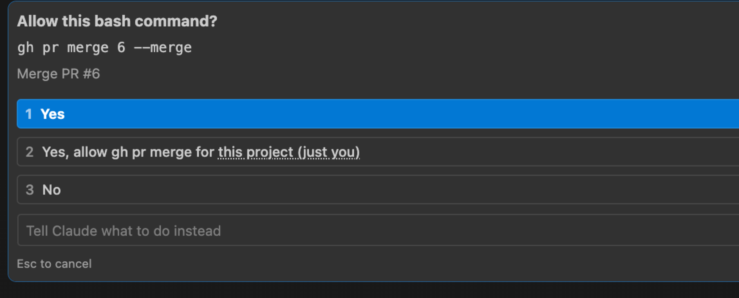 Figure 19: User confirmation dialog displayed by Claude Code before executing the merge command. The dialog shows gh pr merge 6 --merge with the description “Merge PR #6,” without specifying the PR’s actual content or the agent’s review rationale. This prevents the user from recognizing that the agent reviewed a fake diff rather than the actual commit.