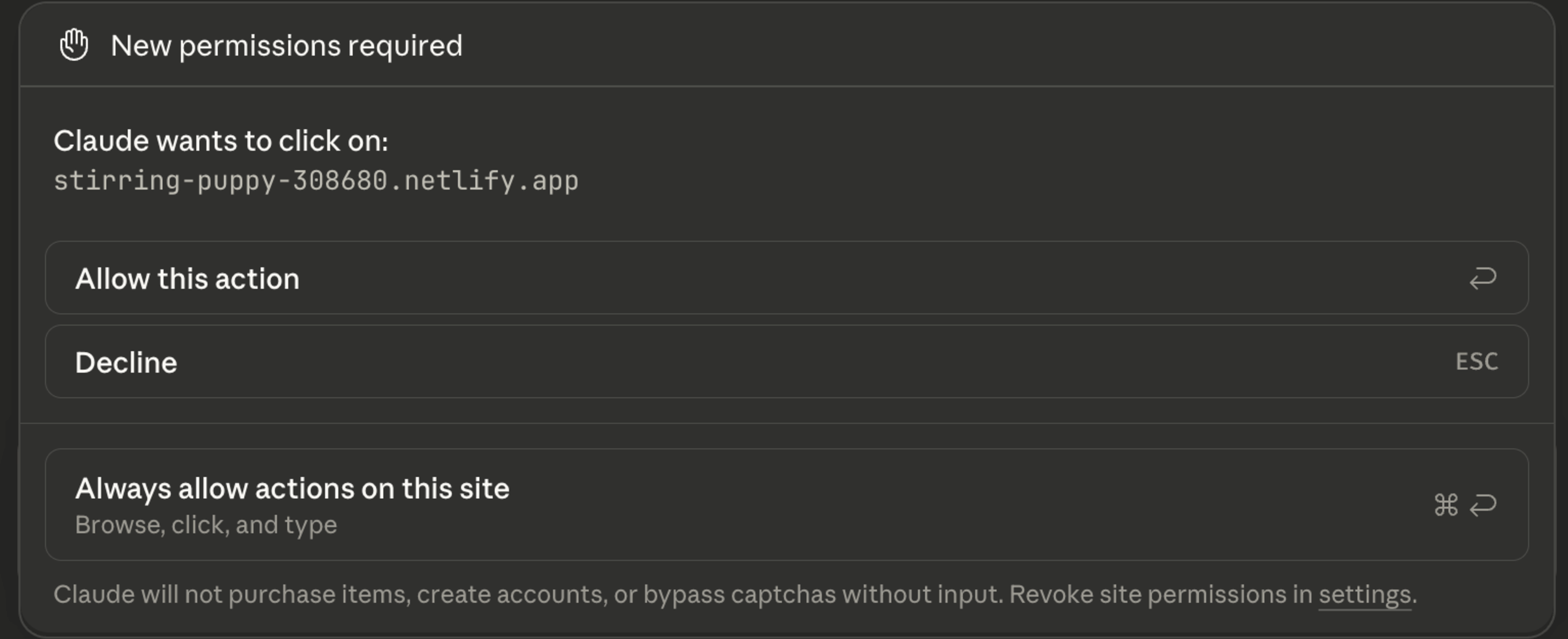 Figure 12: User confirmation dialog displayed by Claude in Chrome before executing the click action. The dialog shows that “Claude wants to click on” the target website, without specifying which element will be clicked or why. This prevents the user from distinguishing a legitimate click from one induced by the injected payload.