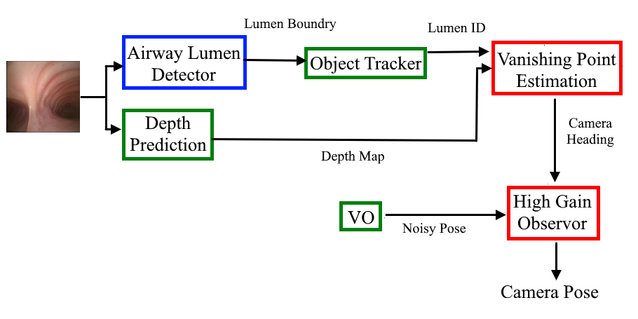 Figure 2: Block diagram of the proposed framework. Input bronchoscopic images are processed by a YOLO-based lumen detector and SORT tracker, while a parallel depth network refines lumen centers. These outputs are fused to estimate camera heading via vanishing-point geometry. The heading estimate is then combined with noisy VO in a bespoke high-gain observer, yielding a geometry-consistent and drift-robust bronchoscope pose. Green blocks denote off-the-shelf components, blue blocks fine-tuned modules, and red blocks bespoke designs.