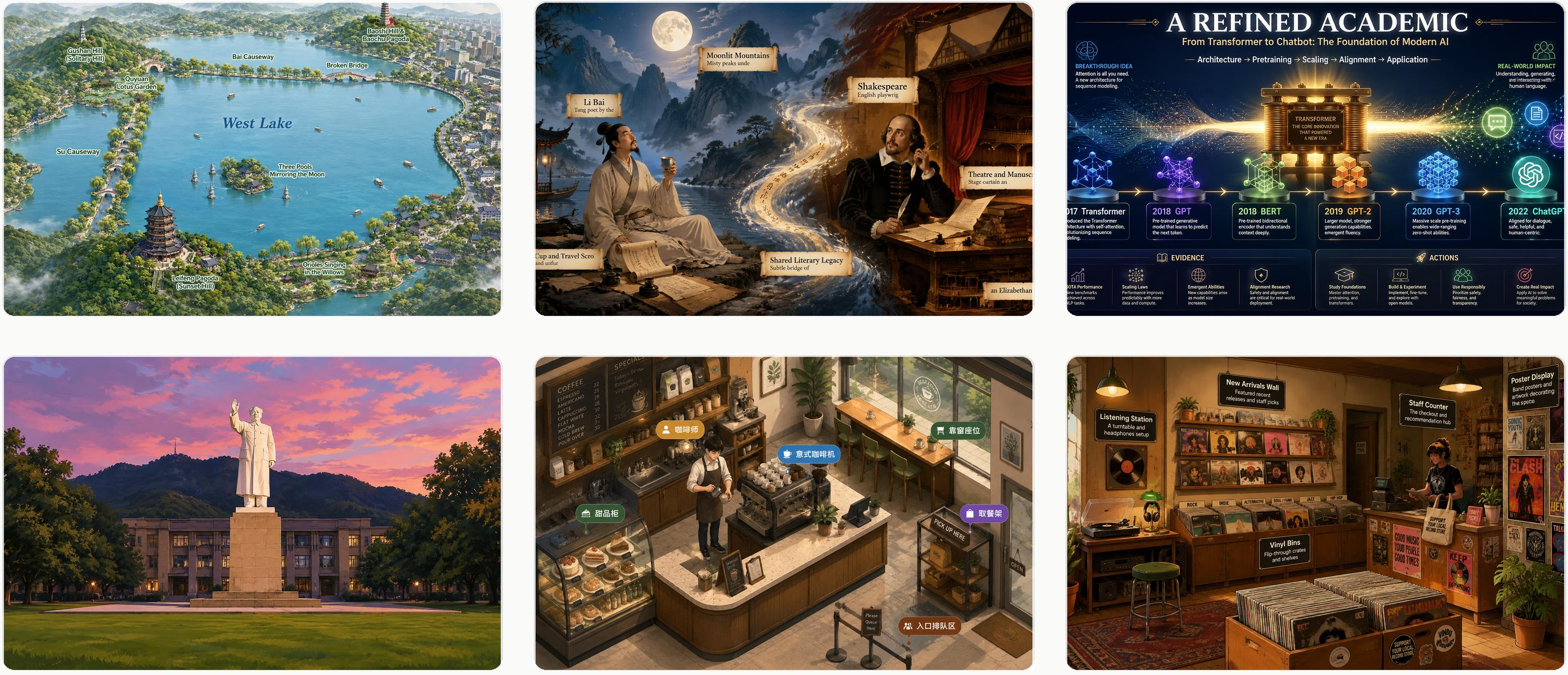 Figure 2: Qualitative results. Example ChatImage outputs across diverse styles from the public demo gallery, including a hand-drawn map, literary comparison, academic poster, campus landmark scene, and everyday object-rich scenes. The examples use real generated demo images whose corresponding exported state supplies the interactive hotspot layer in the web interface.