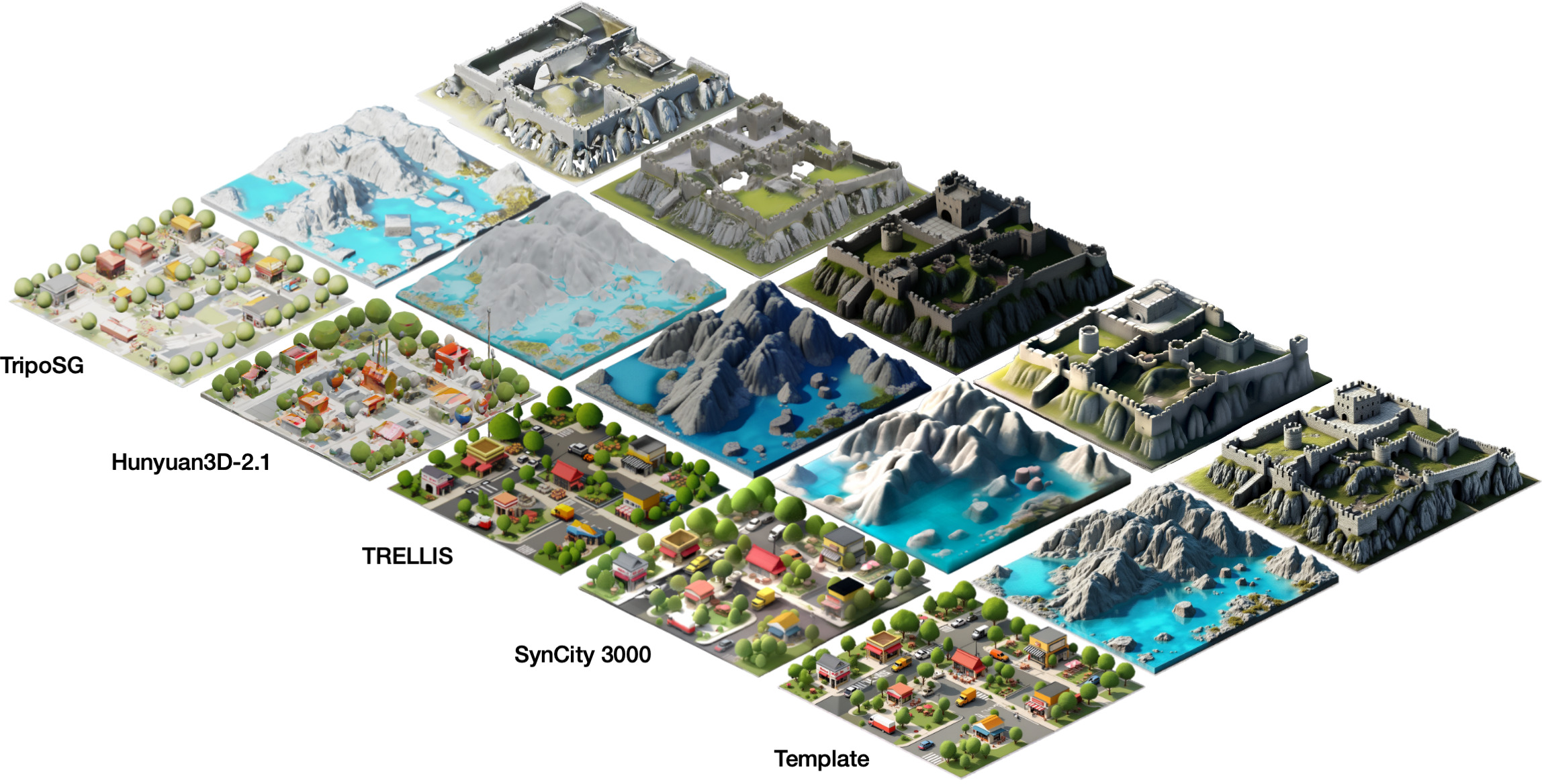 Figure 12: Qualitative examples comparing TripoSG [4], Hunyuan3D-2.1 [3], TRELLIS [1], and SynCity 3000.