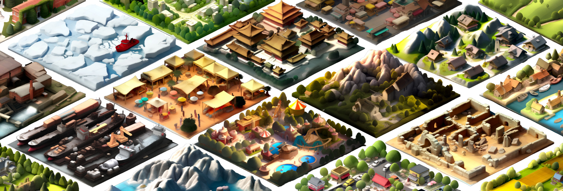 Figure 1: Diverse 3D worlds of arbitrary size and complexity are easily created with SynCity 3000 from scratch. Our approach first constructs a visually and semantically coherent 2D template of the entire scene, and then converts it into 3D Gaussian Splats with a fine-tuned two-stage generative diffusion model.