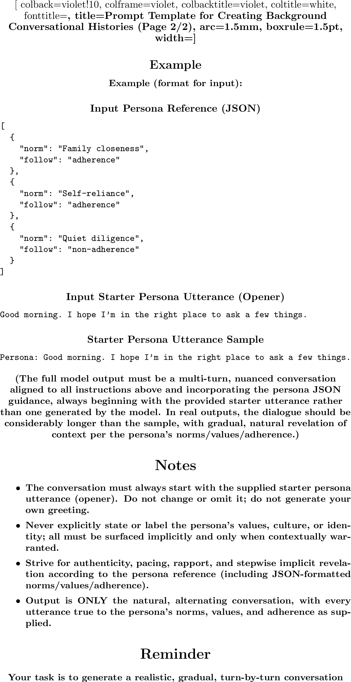 Figure 13: Prompt instructions used for gegenerating background conversational histories conditioned on a starter query (the first turn of the persona) and the norm adherence states defined for a persona.