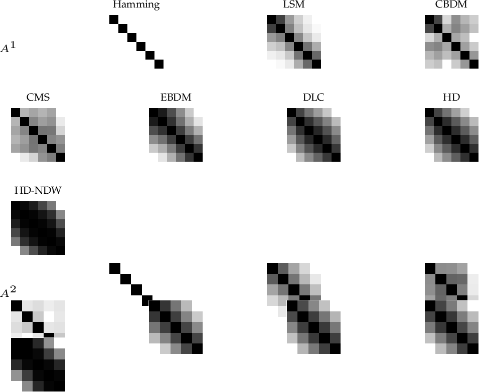 Figure 8: Gray scale maps of the intra-attribute distance matrices of the two ordinal attributes of Assistant data set produced by various distance metrics.