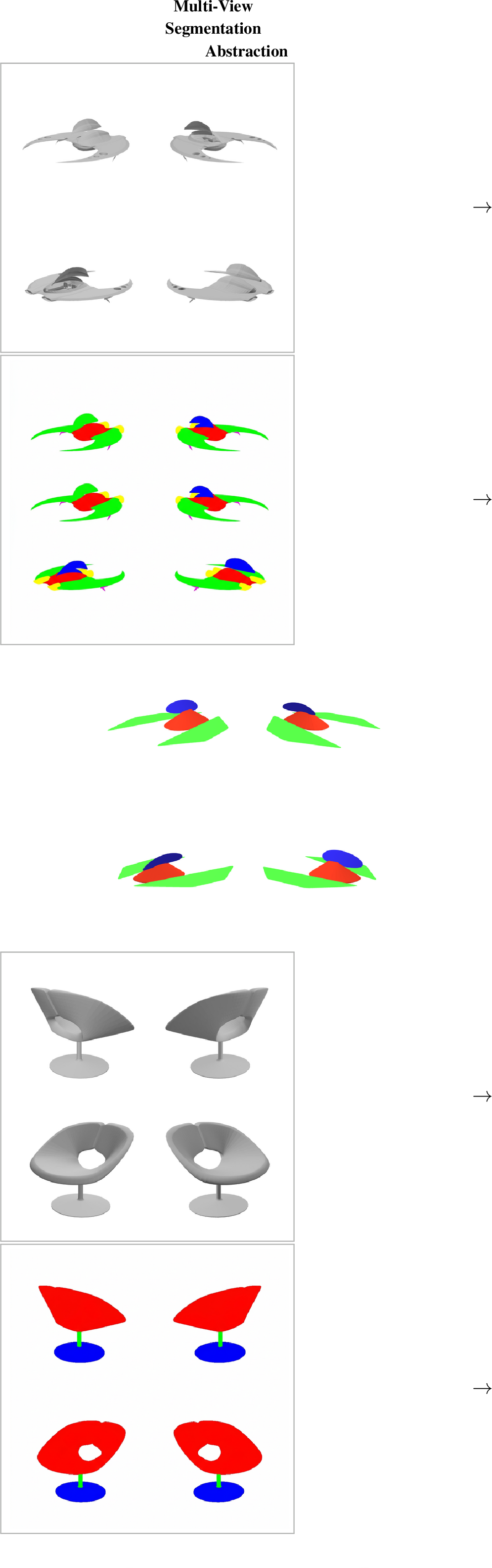 Figure 5: Failure cases. Each row shows a shape where the pipeline produces a poor result. Top: the generative model produces an inconsistent segmentation across views, although it does not affect our pipeline. Bottom: color-restricted clustering wrongfully removes the chair leg (green), which is absent from the final abstraction.