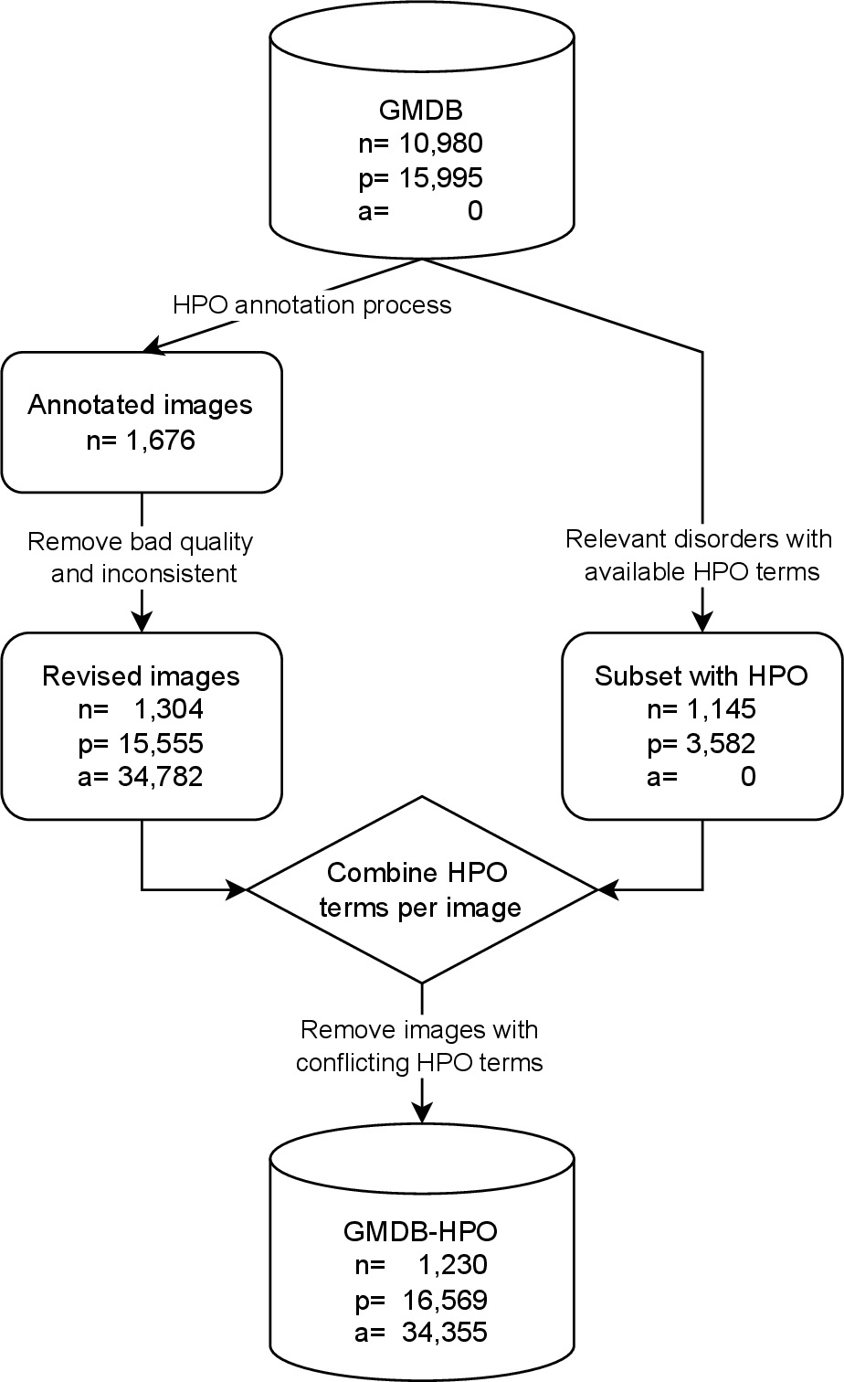 Figure 8: The flowchart represents the curation of the GMDB-HPO dataset. The number of samples (n) contains a certain amount of present phenotypes (p) and absent phenotypes (a).