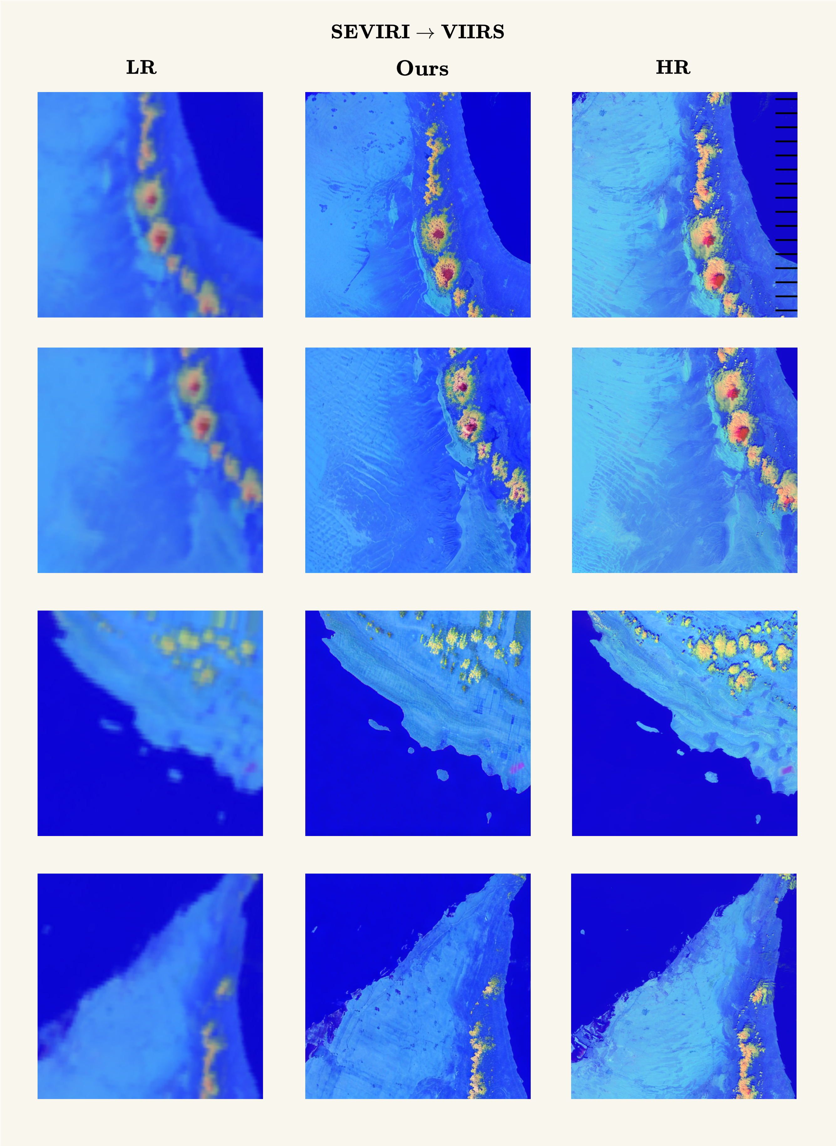 Figure 4: Qualitative Comparison seviri\rightarrowviirs**** (best viewed in zoom).