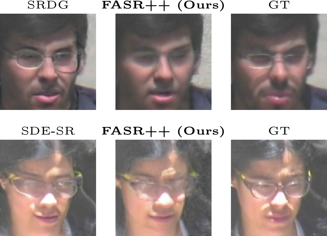 Figure 10: Failure cases. The first row presents results from SRDG [10], srname (ours), and ground truth (GT) images, while the second row presents results from SDE-SR [28], srname (ours), and GT images.