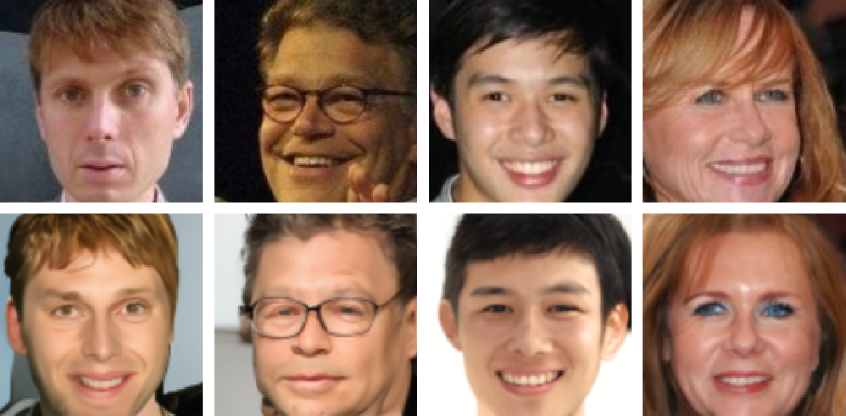 Figure 4: Efficacy of FASR++ for face reconstruction. Extracted from [11].First row: original HR images from the CelebA dataset [13].Second row: synthetic HR images generated solely from the feature vectors extracted from the corresponding images in the first row.