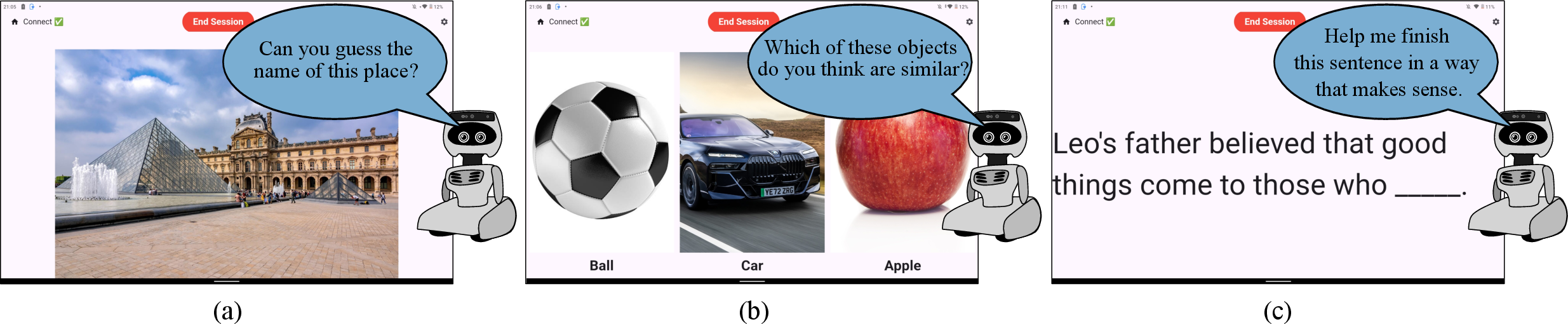 Figure 2: (a) Popular Places Activity, (b) Object Categorisation Activity, (c) Common Sayings Activity