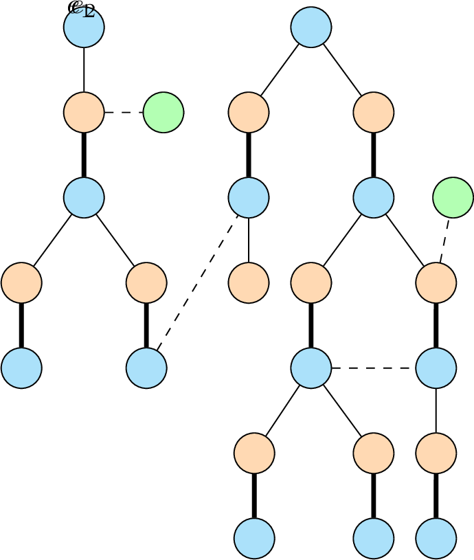 Figure 6: An example of a maximal alternating forest resulting from Steps 1-3. The blue vertices represent even vertices (E), with the top two being the roots of their respective trees. The orange vertices represent odd vertices (O), while the green vertices are unmarked (U). Solid edges are those included in the forest, with thick edges specifically indicating edges in the matching. Dashed edges denote edges in the graph that are not included in the forest.
