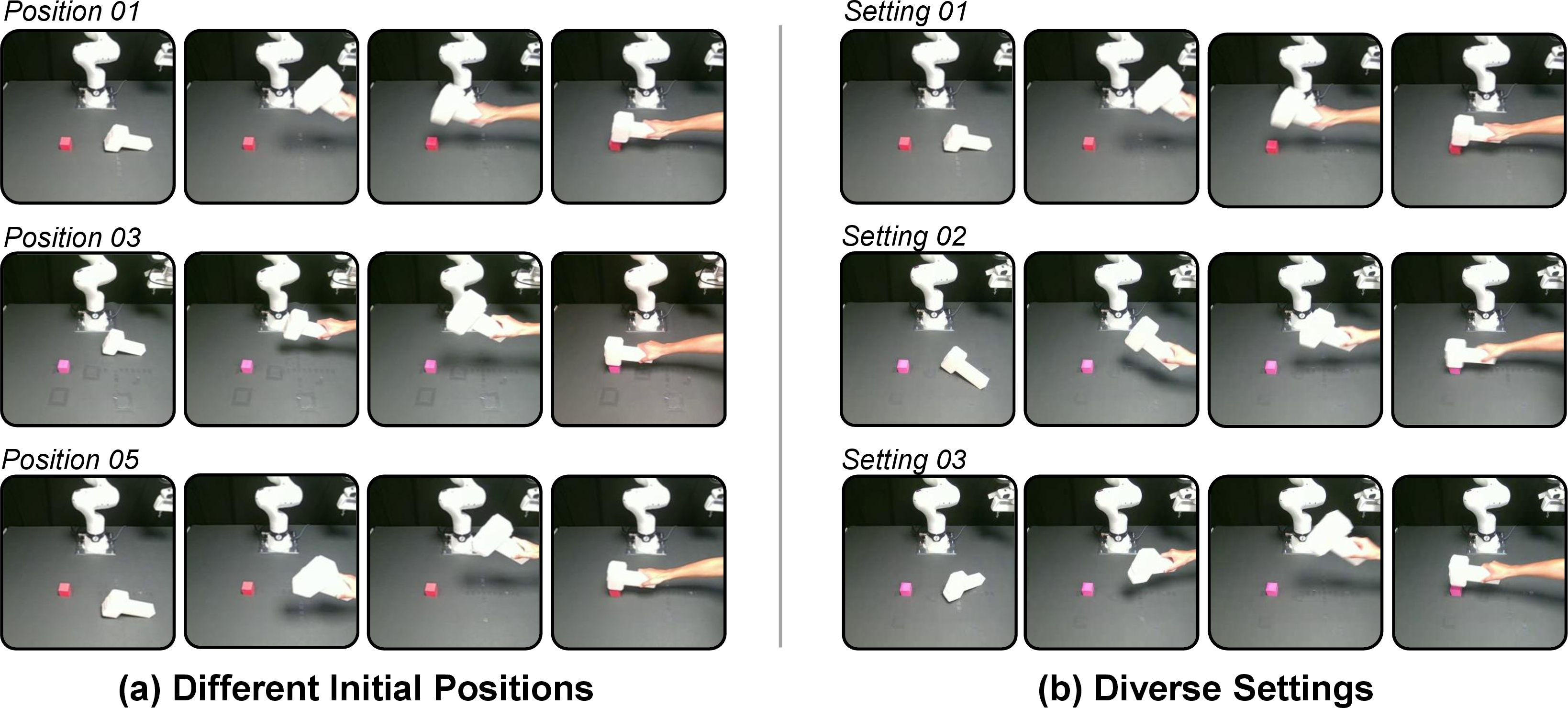 Figure 6: Human Video Prompt Samples. (a) Samples from different initial positions. (b) Samples from different settings.