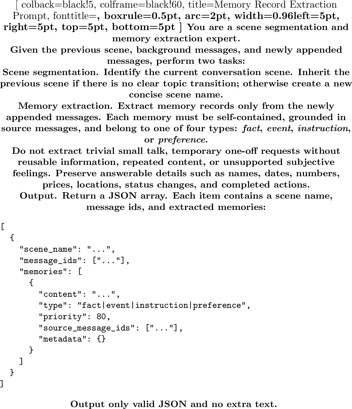 Figure 8: Abbreviated prompt template for memory record extraction.