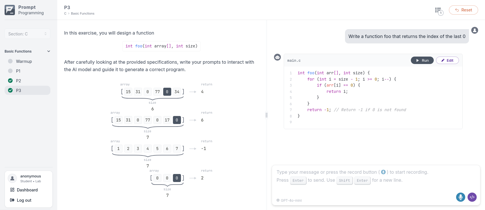 Figure 1: -1The Prompt Programming platform: the Prompt Problem (left), including the required function signature and visual input-output examples, and the chat pane and highlighted code snippets (right), with controls to edit and run code against tests.