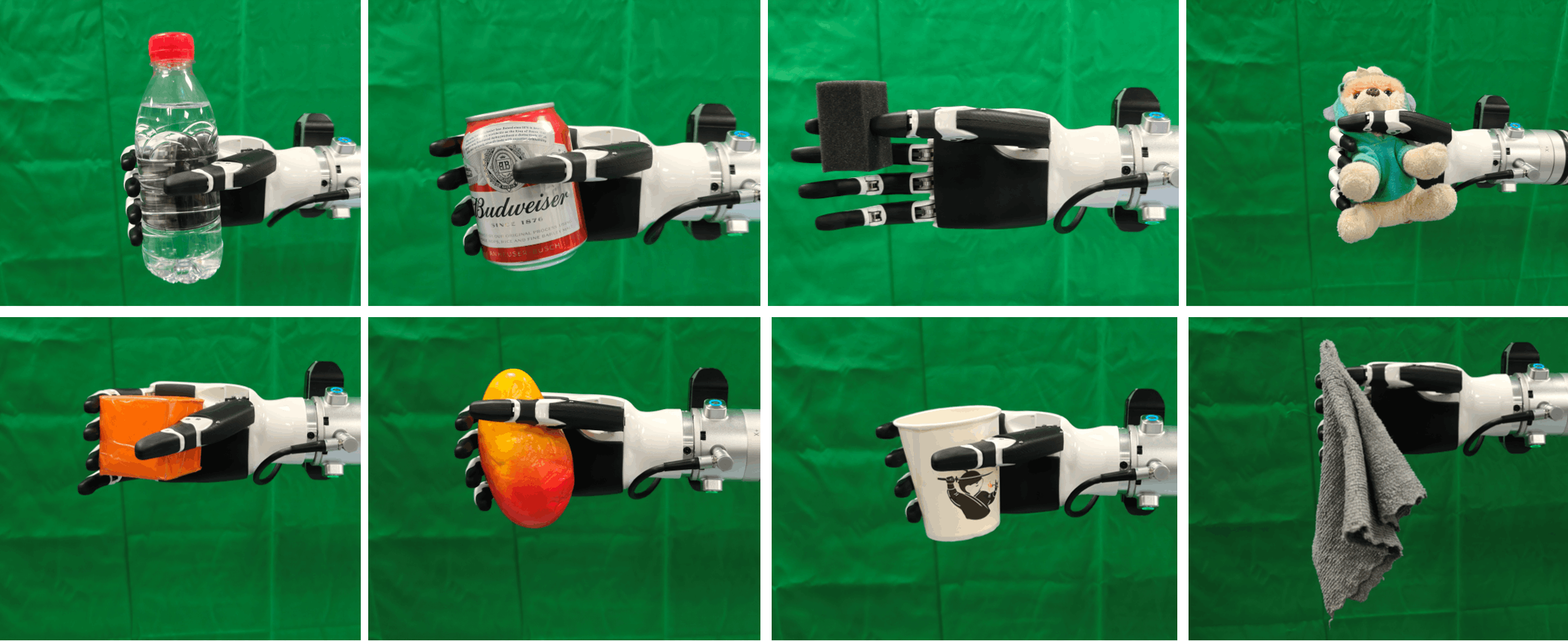 Figure 7: Illustration of the grasping results on eight different object categories, demonstrating the adaptive force control across various textures and shapes.