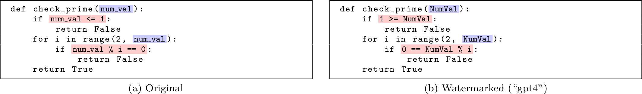 Figure 1: LLM-generated code (a) and its watermarked counterpart (b). Blue marks the variable-naming channel, red marks structural channels.