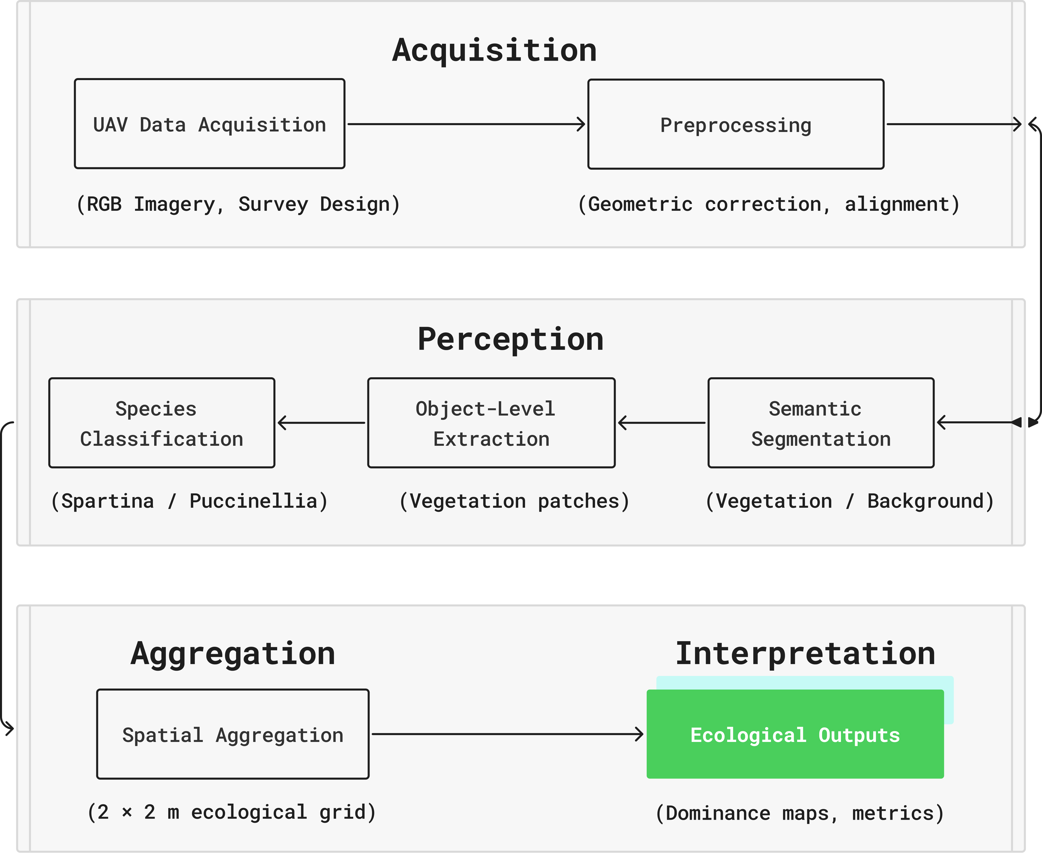 Figure 2: Conceptual architecture of the EcoVision framework. The system is organised as a modular, end-to-end pipeline. High-resolution UAV imagery is progressively transformed through perception, object-level interpretation, and spatial aggregation into ecologically meaningful outputs such as species presence and dominance.