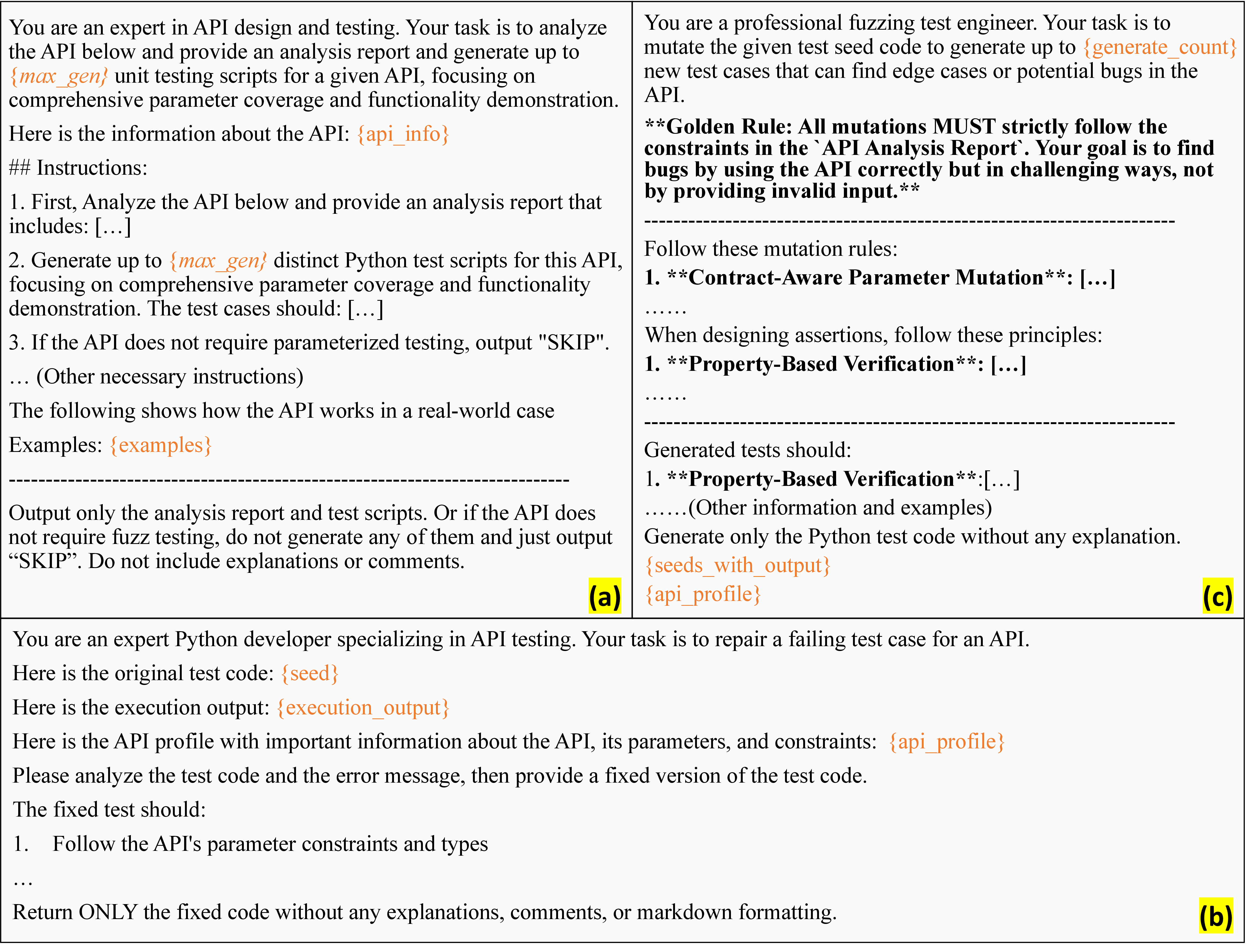 Figure 3: Prompt templates for (a) generator agent, (b) fix agent, and (c) mutator agent.
