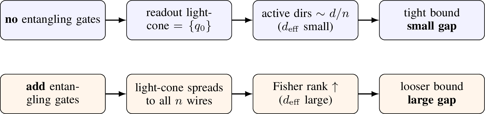 Figure 1: The mechanism. At a fixed parameter count, entangling gates enlarge the backwardlight-cone of the readout observable (Lemma 2), which raises the rank andhence the effective dimension d_{\mathrm{eff}}=\log\det(I+\gamma\hat{\mathcal{F}}) of the Fisher geometry(Proposition 1). A larger d_{\mathrm{eff}} enlarges the complexity term of thePAC-Bayes bound equation ?? and thus the generalization gap—an effect invisibleto a parameter-counting analysis, since d is unchanged.