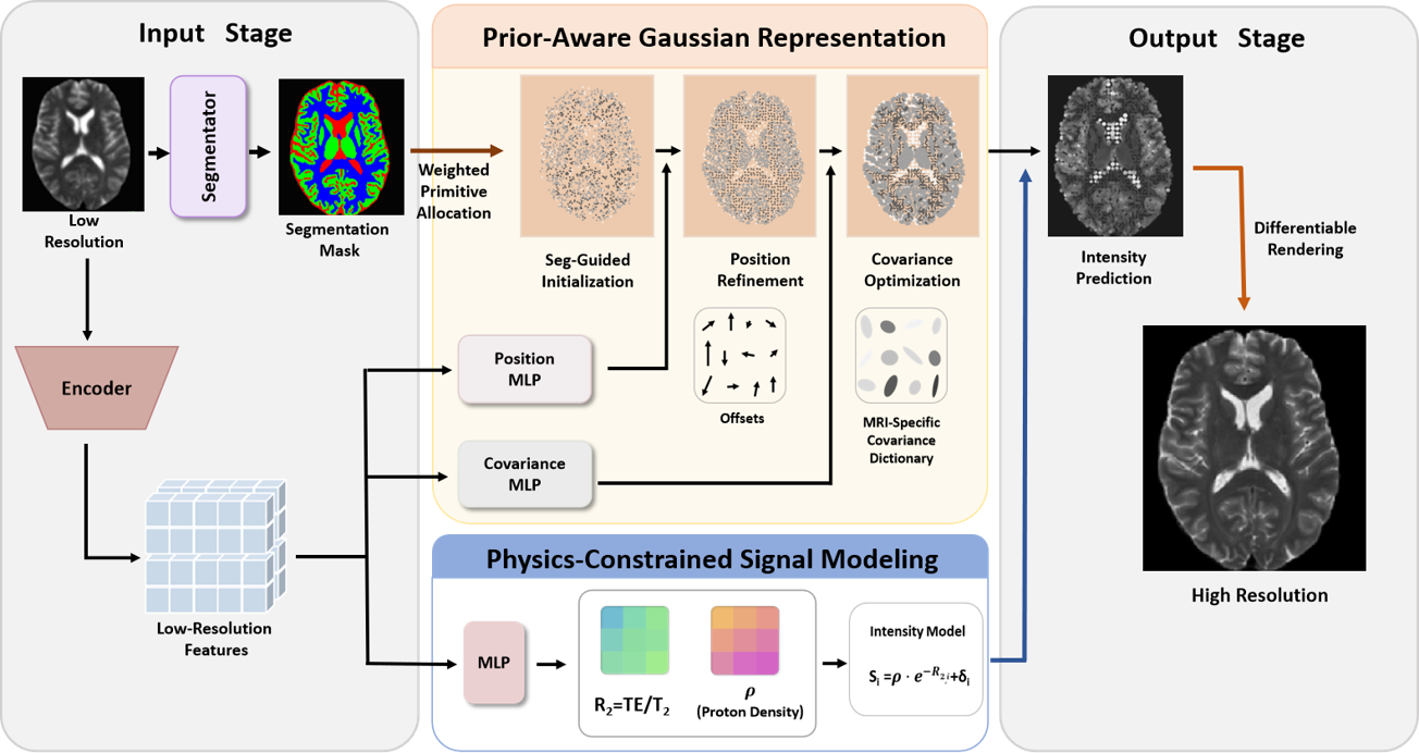 Figure 2: Overview of the proposed physics-aware 2D GS framework. An arbitrary-resolution input is processed through two parallel pathways: a segmentator generates tissue masks for segmentation-guided primitive initialization, while an encoder extracts low-resolution features. Two modules subsequently estimate Gaussian parameters: prior-aware representation predicts position offsets and selects covariance matrices from an MRI-specific dictionary, while physics-constrained signal modeling computes intensities from tissue properties (\rho, R_2) via the MRI signal equation. The final high-resolution output is rendered through differentiable splatting.