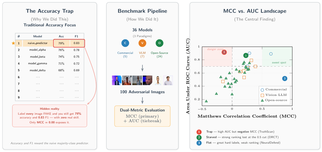 Figure 1: Overview of VendorBench-100. Left: the accuracy trap, a naive always-fake predictor scores 79% accuracy and 0.83 F1 despite an MCC of 0.00. Center: the benchmark pipeline, 36 models across three paradigms scored on 100 adversarial images under a dual-metric protocol (MCC primary, ROC-AUC tiebreak). Right: the MCC-versus-AUC landscape, the paper’s central finding, showing representative models in a danger zone (high AUC, weak MCC), a starved zone (strong ranking, weak MCC at threshold), and a flat zone (strong MCC, near-chance ranking).