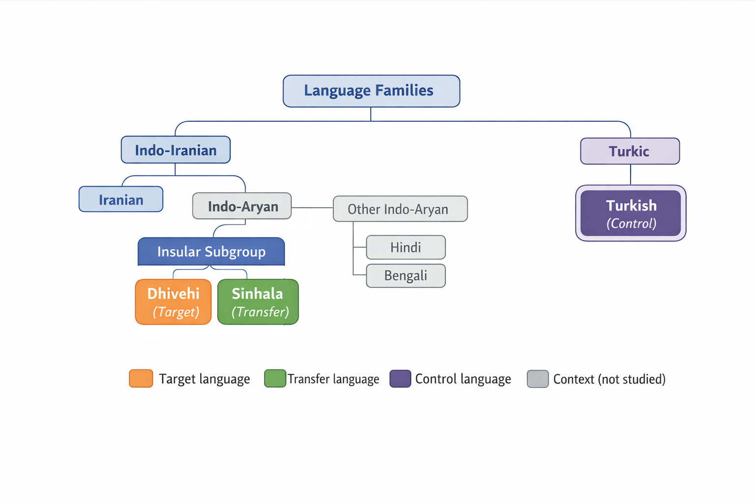 Figure 1: Genealogical relationship of Sinhala, Dhivehi, and Turkish. Note: Sinhala and Dhivehi belong to the Insular Indo-Aryan subgroup, while Turkish belongs to the Turkic language family and is used in this study as an unrelated control language.
