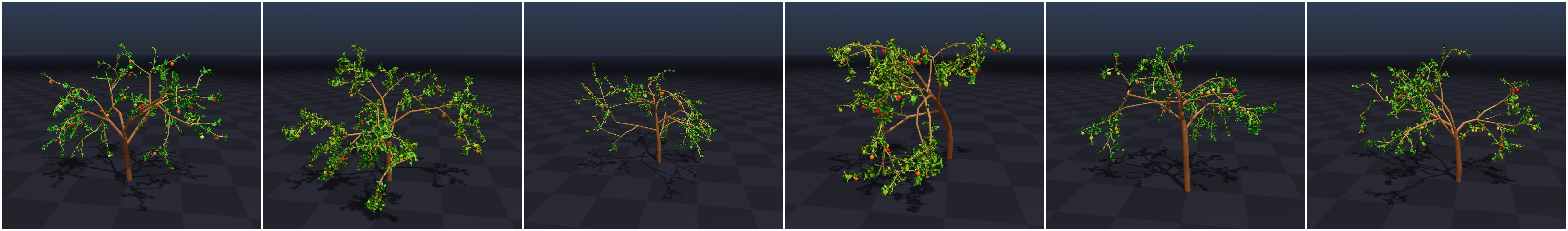 Figure 3: Domain randomization. A single grammar and a fixed topology, randomized continuously, span a diverse population of distinct but plausible trees varying in scale, growth habit (upright to weeping), fork spread, taper, foliage, fruit and coloration. Within one GPU batch the branch dimensions (scale and taper) are shared across worlds so the parallel solve stays homogeneous and full-speed, and are resampled across batches; growth habit, material, fruit, foliage and coloration vary per world within the batch, and per-world dimensions are available as a slower option. Every world stays structurally identical and therefore GPU-batchable.