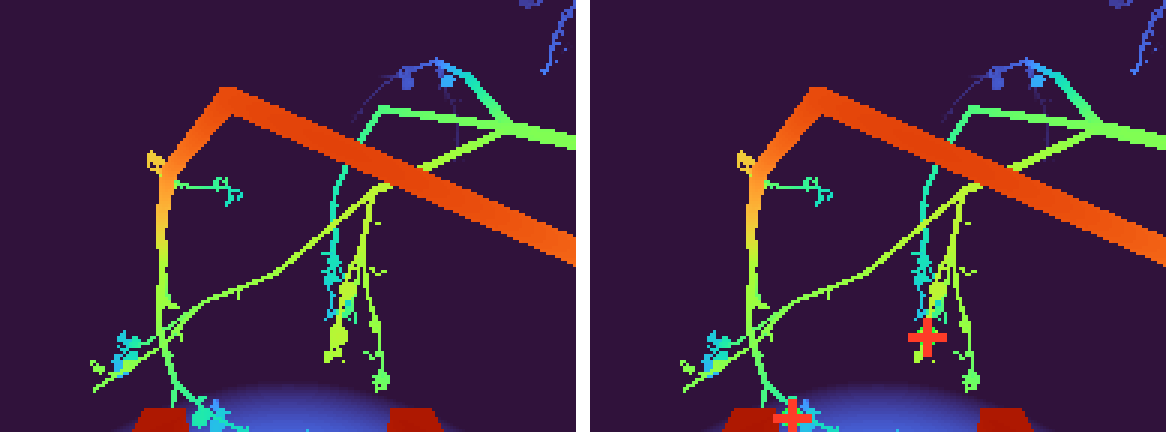 Figure 4: Wrist depth camera (left) and geometric fruit detection (right): depth-continuous patches are fitted with spheres and gated; accepted apples are back-projected to world markers, self-detections of the robot’s own links are masked from kinematics.