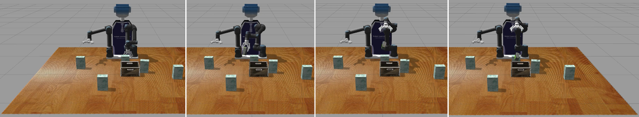 Figure 6: Sequence of snapshots showing the policy successfully delivers the object into the target basket while navigating around multiple obstacles, demonstrating its ability to generate safe and effective throws in cluttered environments.