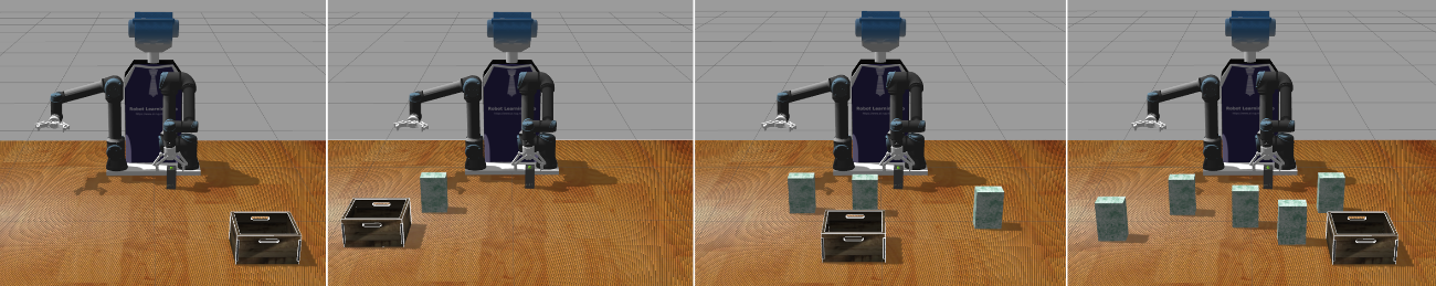 Figure 4: Examples of environment configurations: no obstacles (left), 1 obstacle, 3 obstacles, and 5 obstacles (right). The robot must learn which obstacles block the throwing trajectory and which do not.