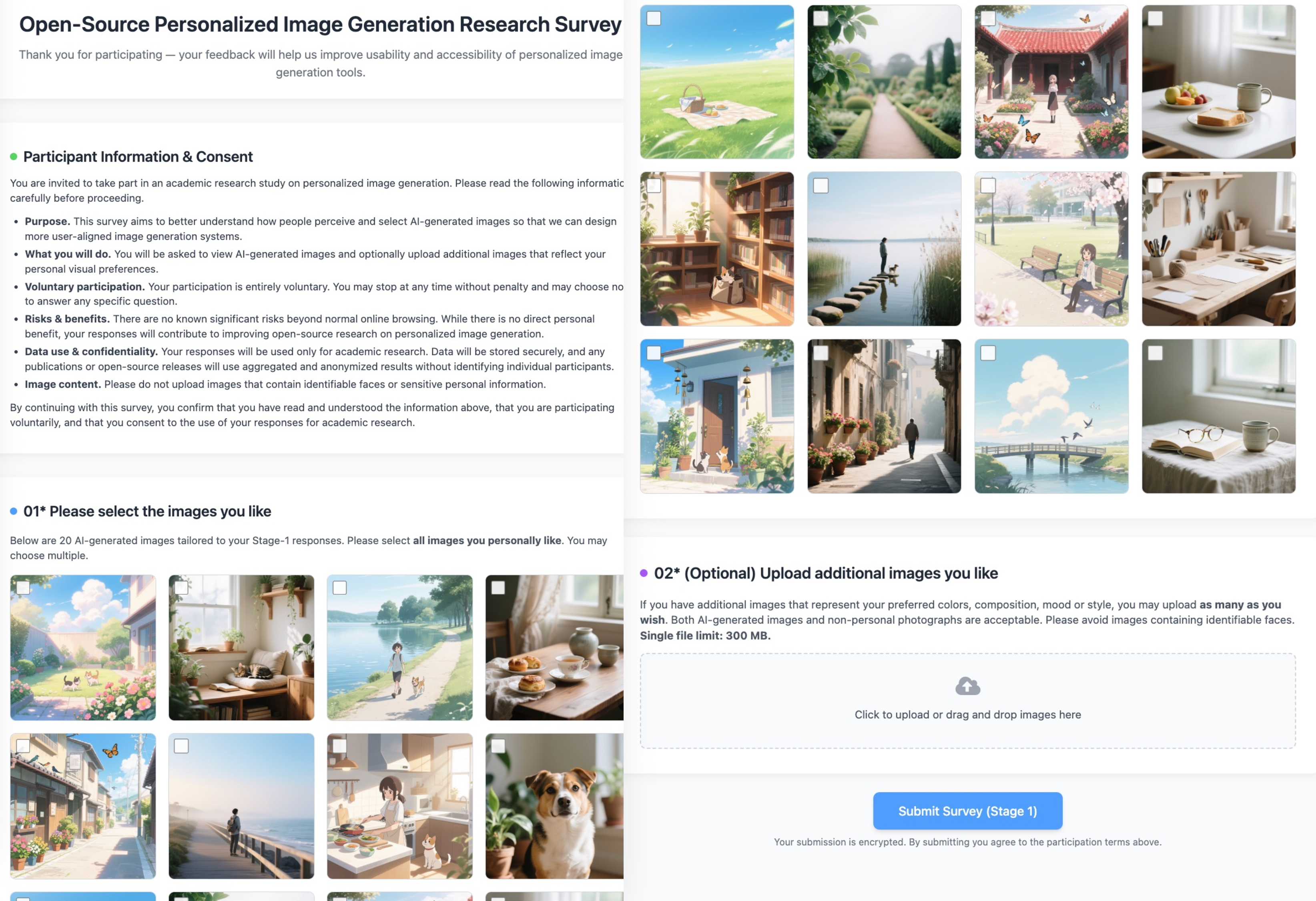 Figure 7: Screenshot of the Stage-2 annotation interface, where participants confirm consent, select their favorite images from their personalized gallery of generated candidates, and optionally upload additional images that reflect their visual preferences.