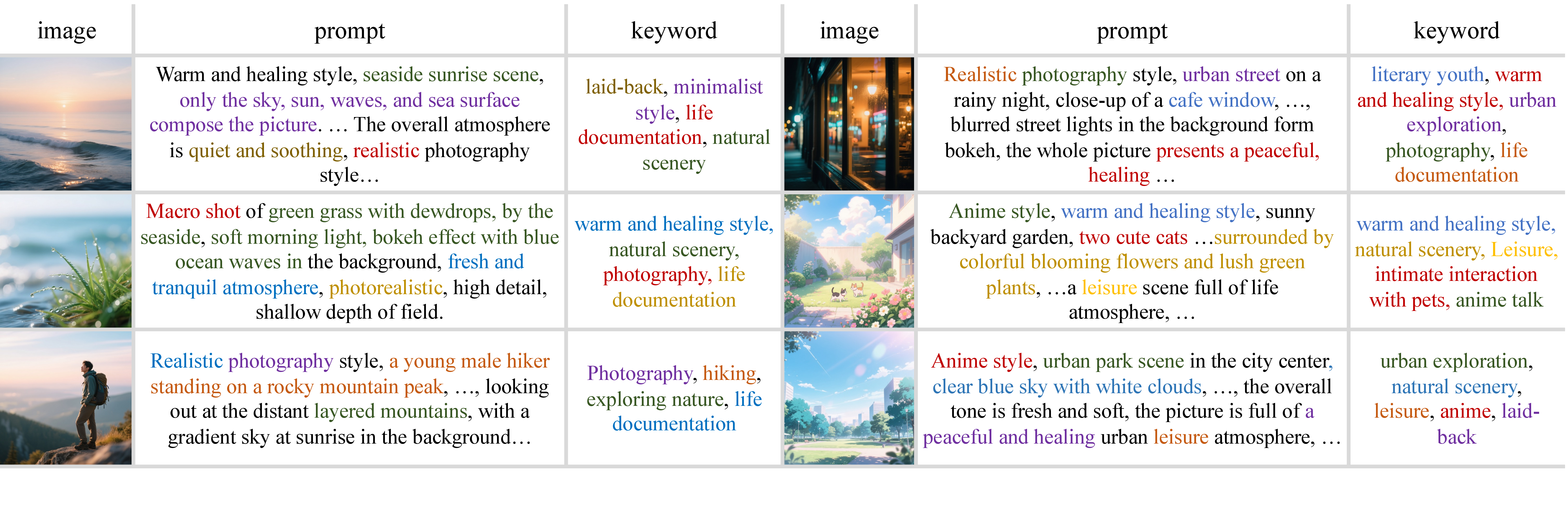 Figure 11: Examples of prompt refinement from profile keywords. Each row starts from a set of user profile–level keywords (right). These profile cues are expanded into a refined image prompt describing concrete scene content and mood (middle), which is then used to generate the corresponding image (left). This illustrates how we translate high-level user profiles into detailed prompts and visual realizations in the synthetic/real datasets.