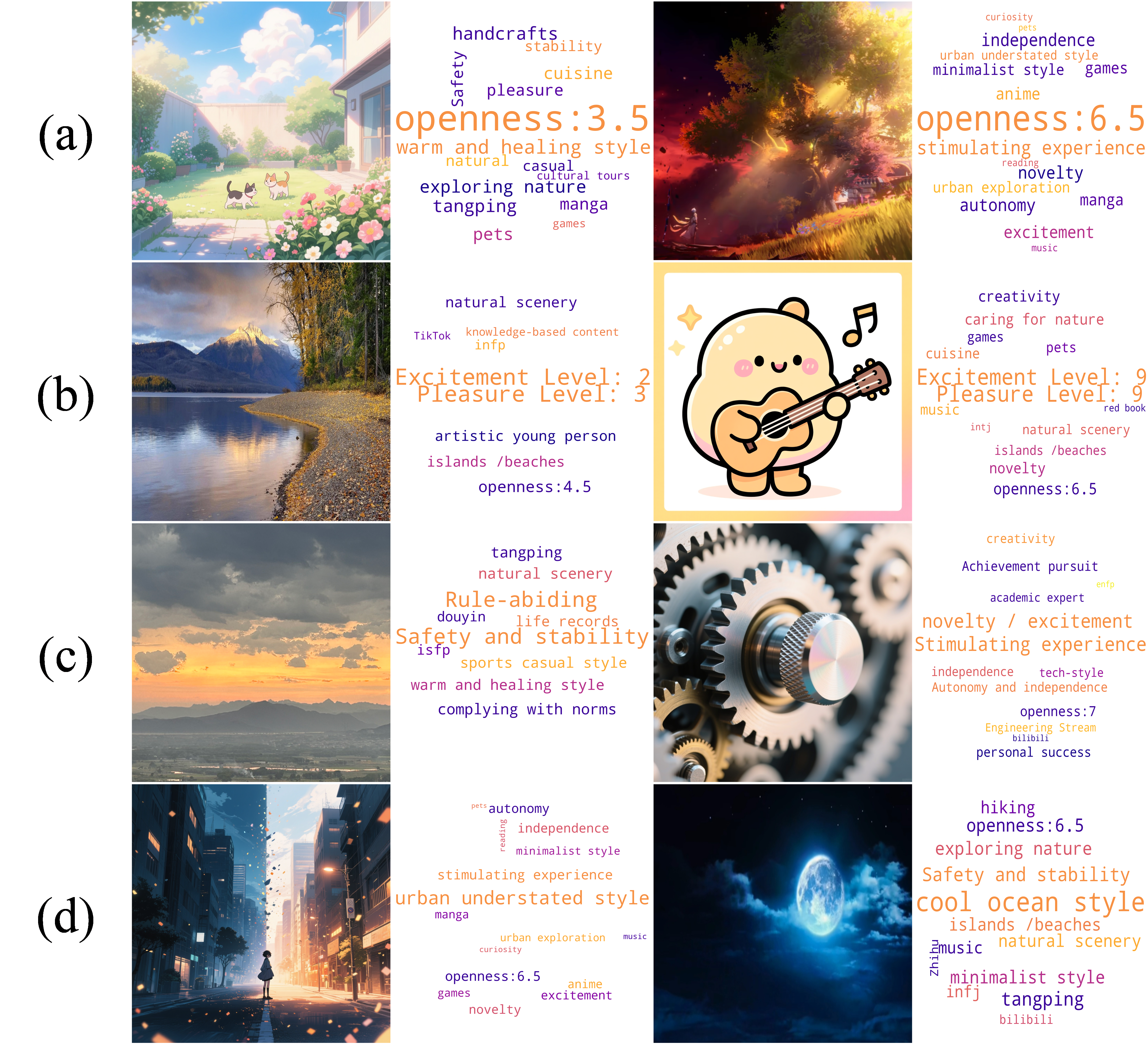 Figure 8: We used the data of User 1 and User 2 presented in Table 9, where Column (a) shows user-uploaded images, and Columns (b) to (f) show user-selected images.