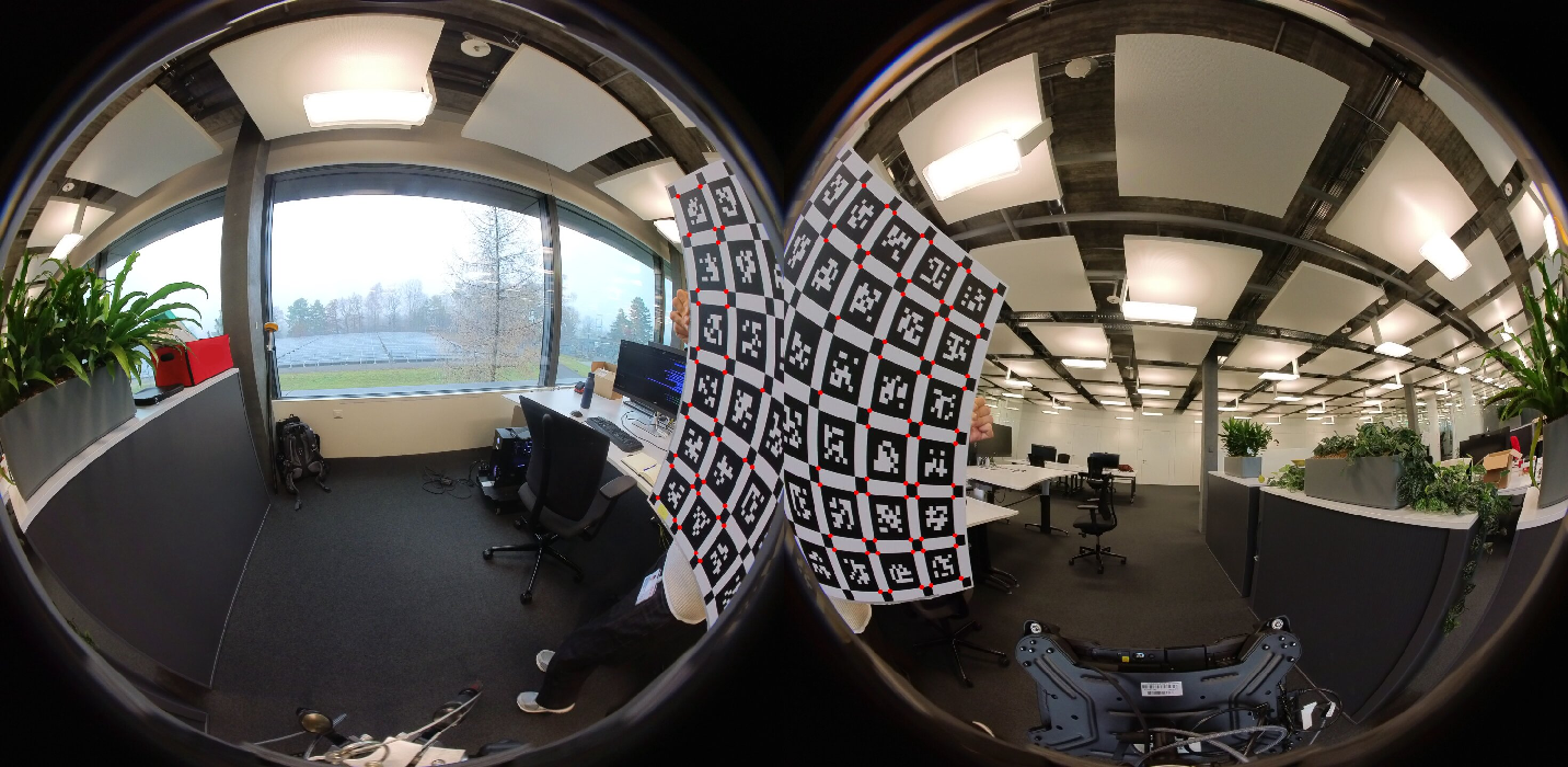 Figure 2: Visualization of the multi-camera calibration. Extrinsic constraints are obtained when the AprilTag board is observed by two cameras simultaneously. The red markers indicate the forward-projected image-plane locations of the extracted calibration target corners under the calibrated cameras.