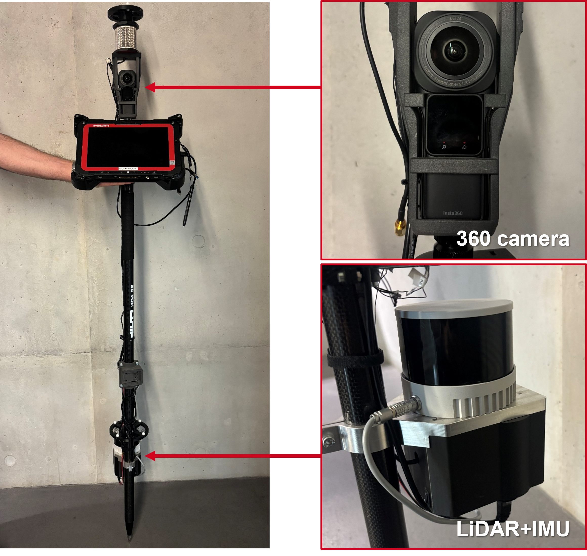 Figure 4: Data collection platform: rigidly connected V&R LiDAR-inertial SLAM system and Insta360 ONE RS 1-Inch 360 Edition.