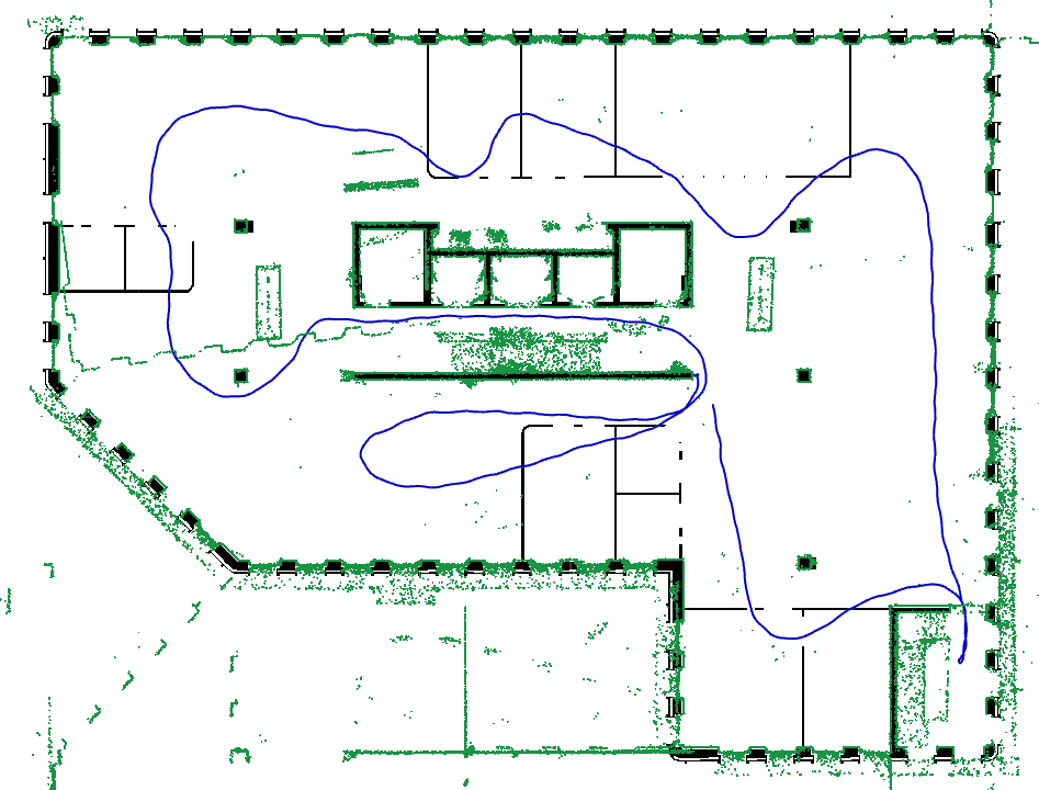 Figure 5: A ground truth trajectory (blue) with LiDAR SLAM map (green) overlaid on a floor plan (black). The trajectory passes through some as-yet unbuilt walls due to the early construction phase, and some temporary wall-like structures are captured in the LiDAR point cloud. Glass reflections can also be seen.