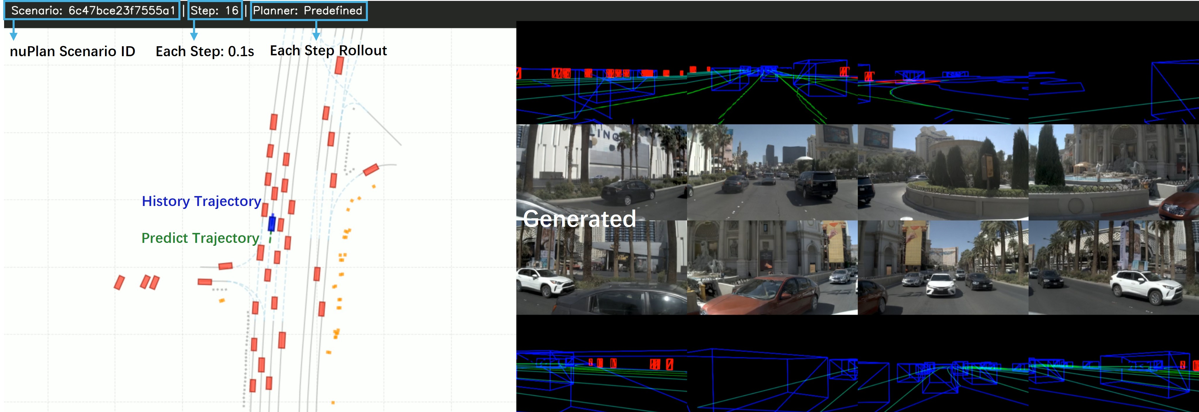 Figure 12: nuPlan Plugin. Starting from step 16, we perform a rollout every 0.2 seconds for trajectory control and generate one frame at each rollout. This video demonstrates that our method can be seamlessly integrated with modern driving planning systems.