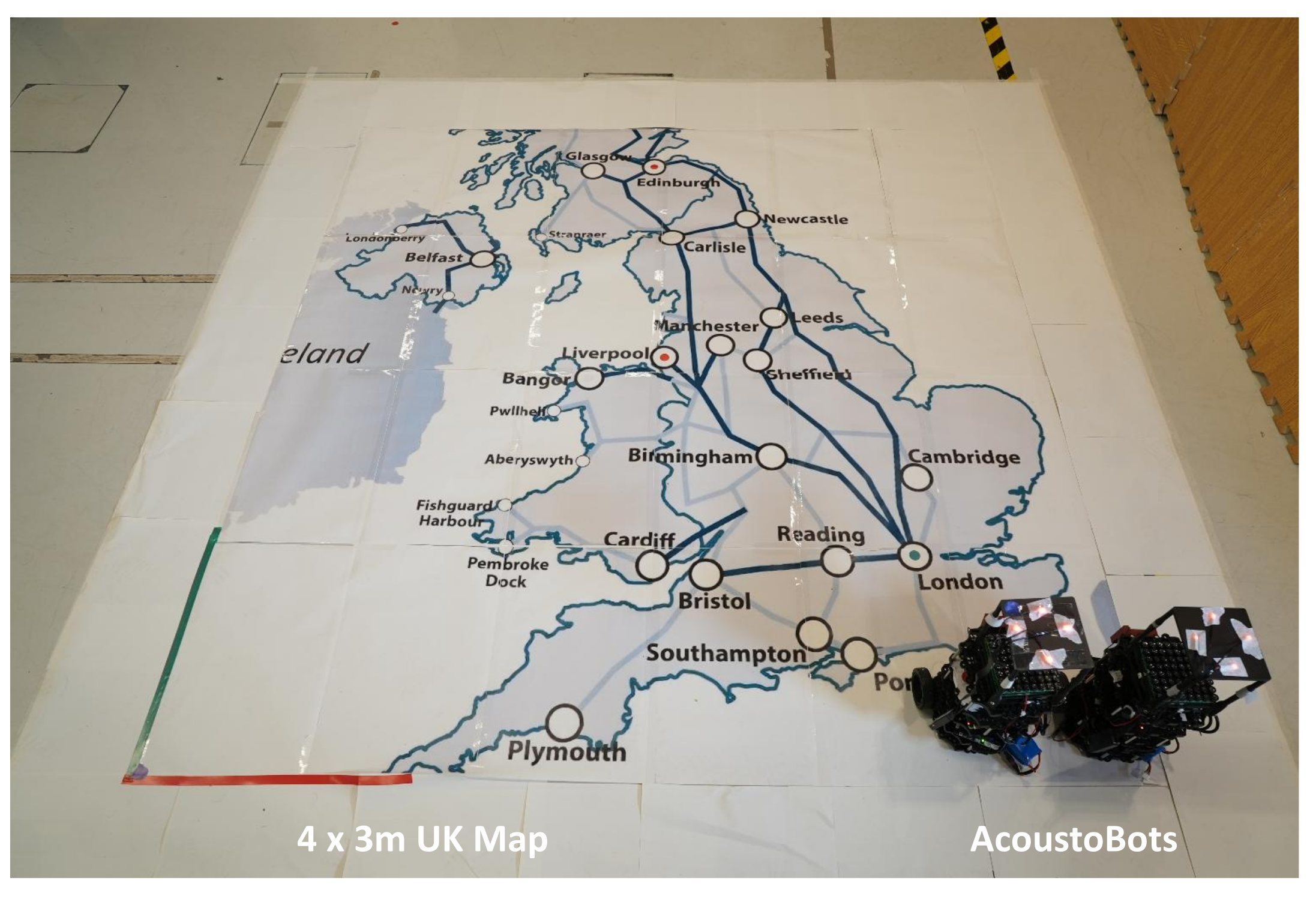 Figure 7: Experimental setup for the scaled UK navigation study. A 4 × 3 m UK map is deployed on the floor as a metric grid environment with labeled city waypoints. TurtleBot3-based AcoustoBots navigate between cities under the learned policy, enabling evaluation of city-to-city traversal and spatial data physicalization in the real-world testbed.