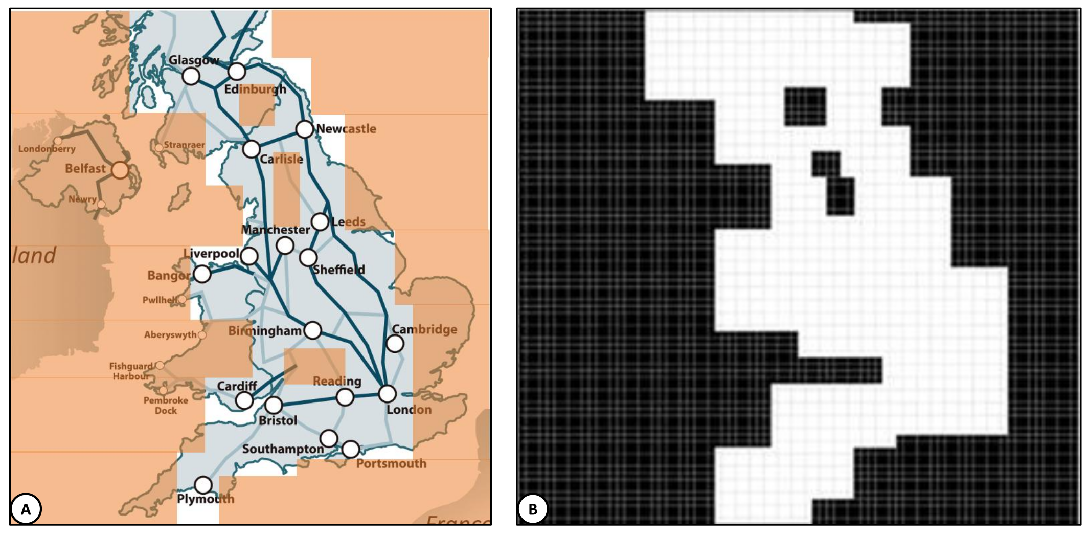 Figure 1: Navigation environment used for AcoustoBot training and evaluation: A) Scaled UK map with labeled city waypoints and inter-city routes, representing the physical scenario for city-to-city traversal and spatial data physicalization, and B) Corresponding grid-world abstraction used for MARL training, showing the traversable workspace and obstacle layout for learning collision-aware navigation toward target locations.