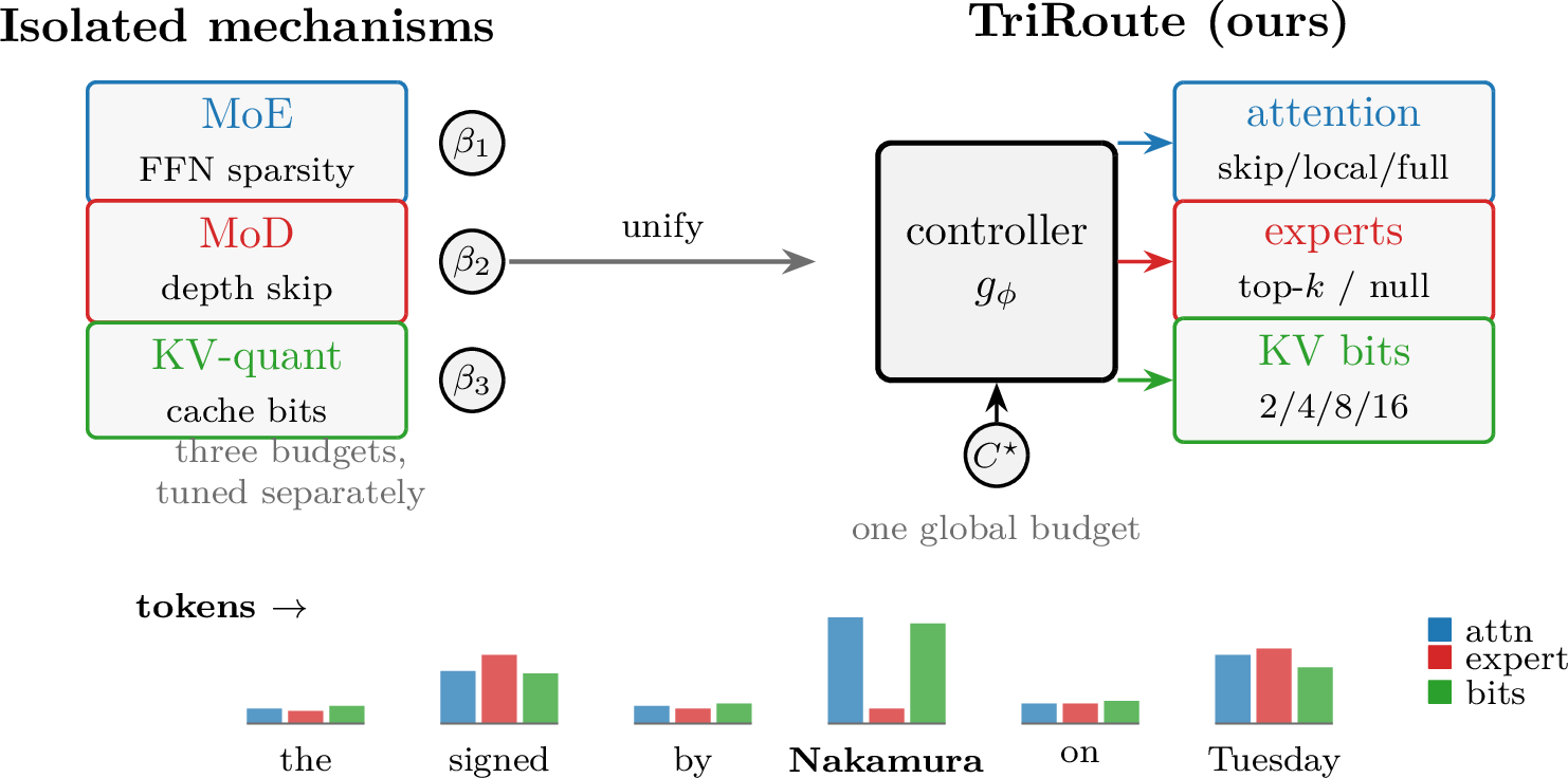 Figure 1: From three isolated mechanisms to one controller. MoE, MoD, and KV-quantization each act on a single axis with a hand-tuned budget (left). TriRoute(right) replaces them with a shared per-token controller g_\phi that emits a coupled policy over attention resolution, expert selection, and KV precision under one global budget. Tokens are drawn with area proportional to the compute+memory they receive: the rare entity “Nakamura” keeps full attention and 8-bit cache but skips the FFN, while “the” is cheap on all three axes—a pattern the isolated mechanisms cannot express jointly.