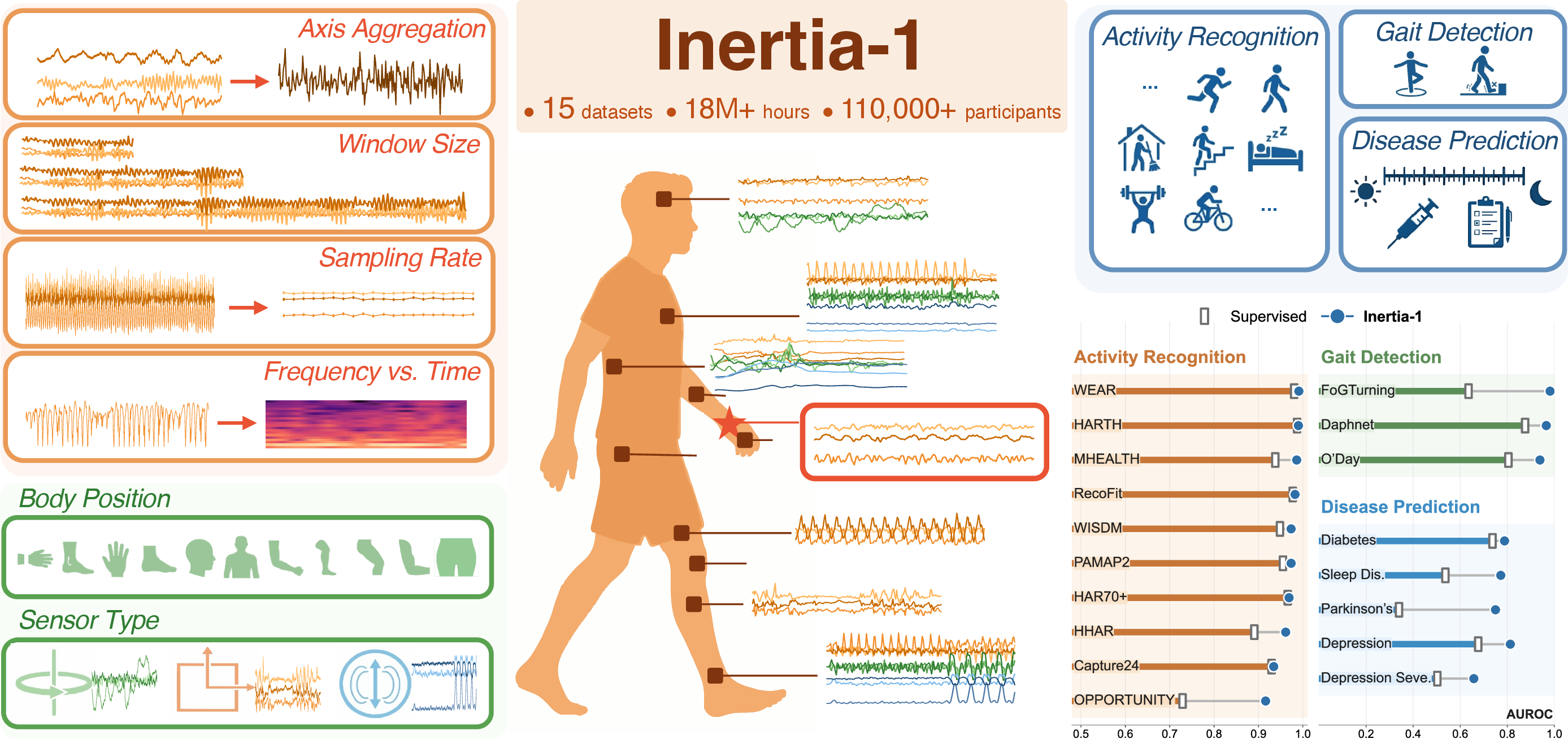 Figure 1: Overview of Inertia-1. We present a unified and fully open exploration of wearable motion FMs, spanning large-scale accelerometer pretraining, diverse self-supervised objectives, controlled sensing setups, and downstream evaluation across activity recognition, gait analysis, and disease prediction. Inertia-1 covers 18.2M hours of motion data from over 115,000 individuals and 15 datasets, enabling systematic study of how data, model, and training choices shape transferable motion representations. More details are in Appendix 6.