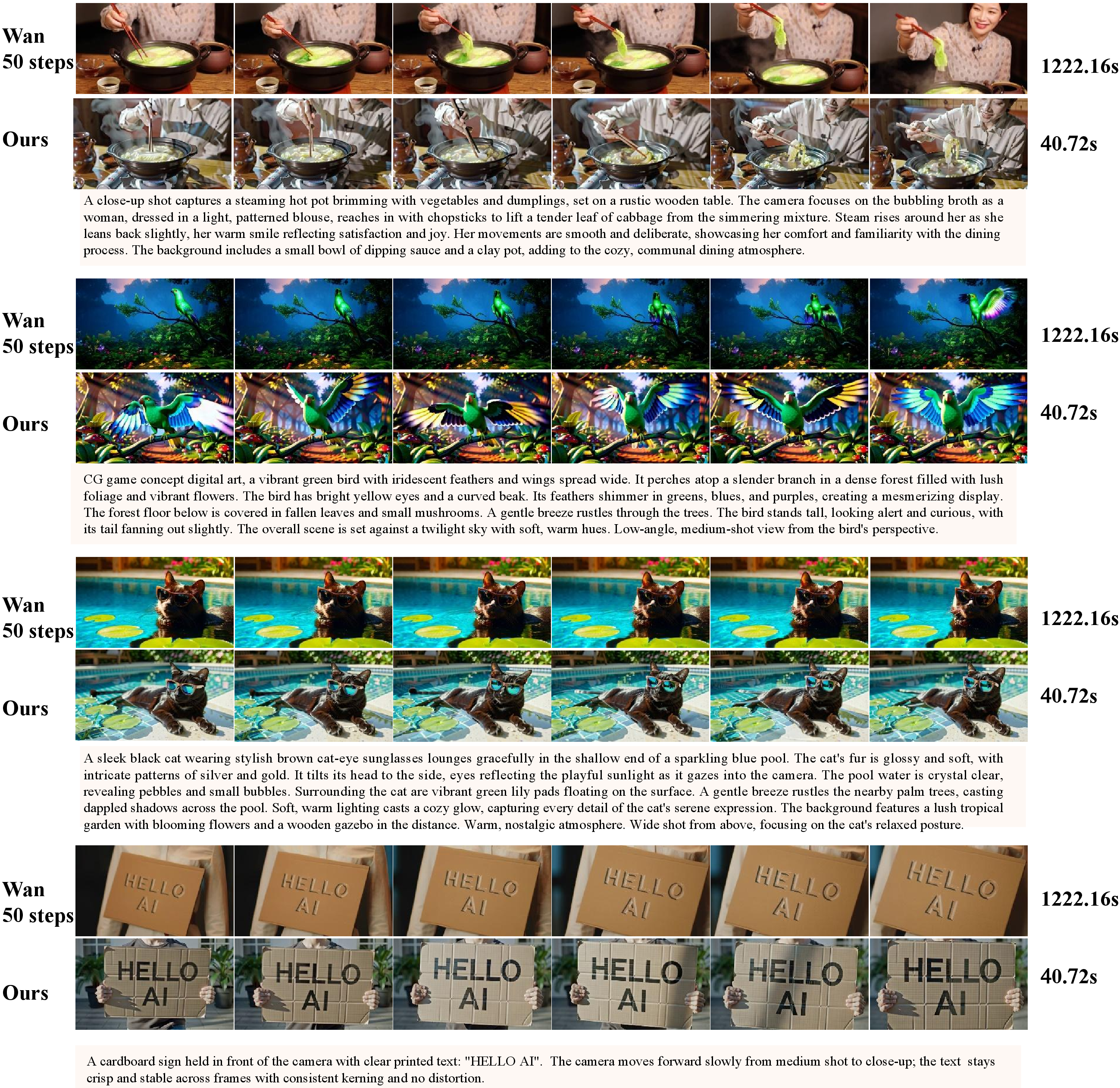Figure 7: Qualitative results on Wan 14B. Visualisations demonstrate that our method maintains high generation quality with significant inference speedup on large-scale VDMs. Inference is conducted on a single P800 XPU using BF16 precision.
