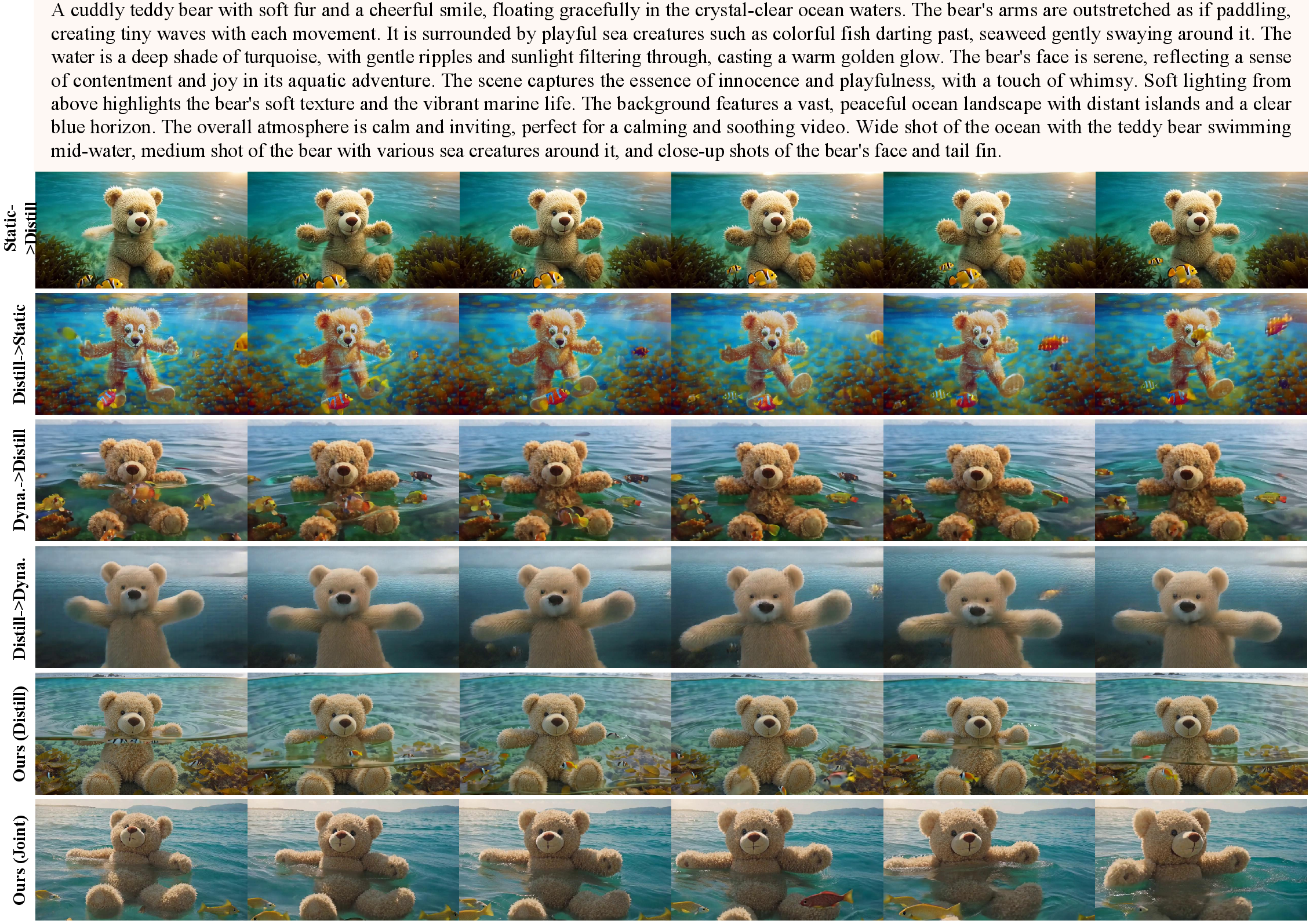Figure 5: Qualitative comparison with baselines. Visual results demonstrating the generation quality of our proposed method compared against various baseline configurations. More example videos for these baselines are provided in the supplementary video material.