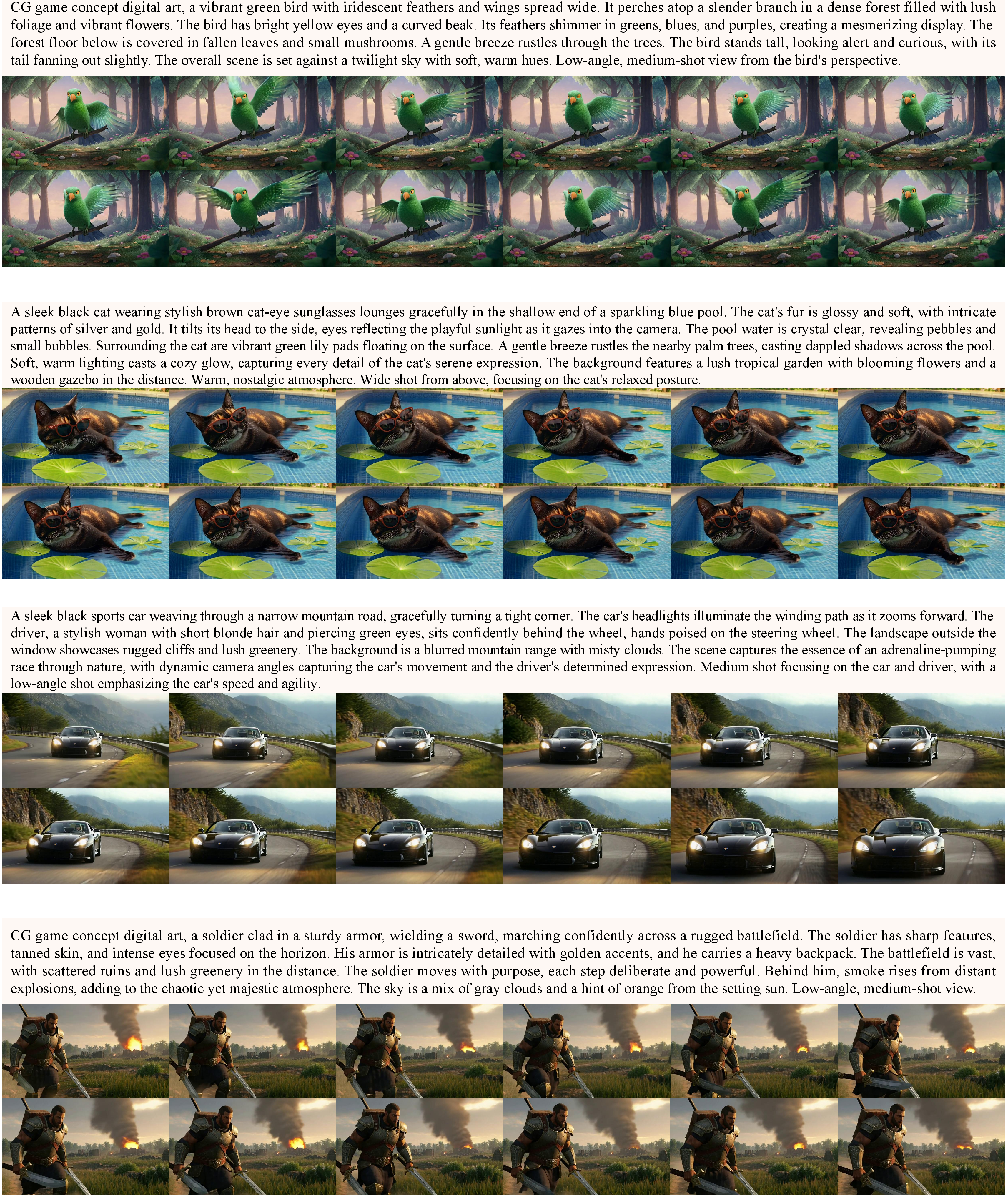 Figure 6: Additional qualitative results of Ours (Joint). The text prompts are randomly sampled from the VBench evaluation suite, showcasing the model’s robustness across diverse scenarios without cherry-picking.